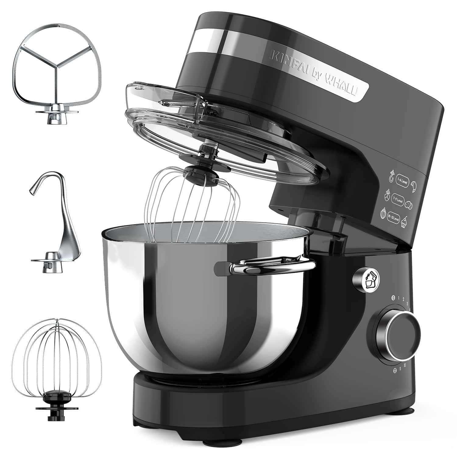 WHALL - Stand Mixer - 5.5Qt 12-Speed Tilt-Head Electric Kitchen Mixer with Dough Hook/Wire Whip/Beater - Black