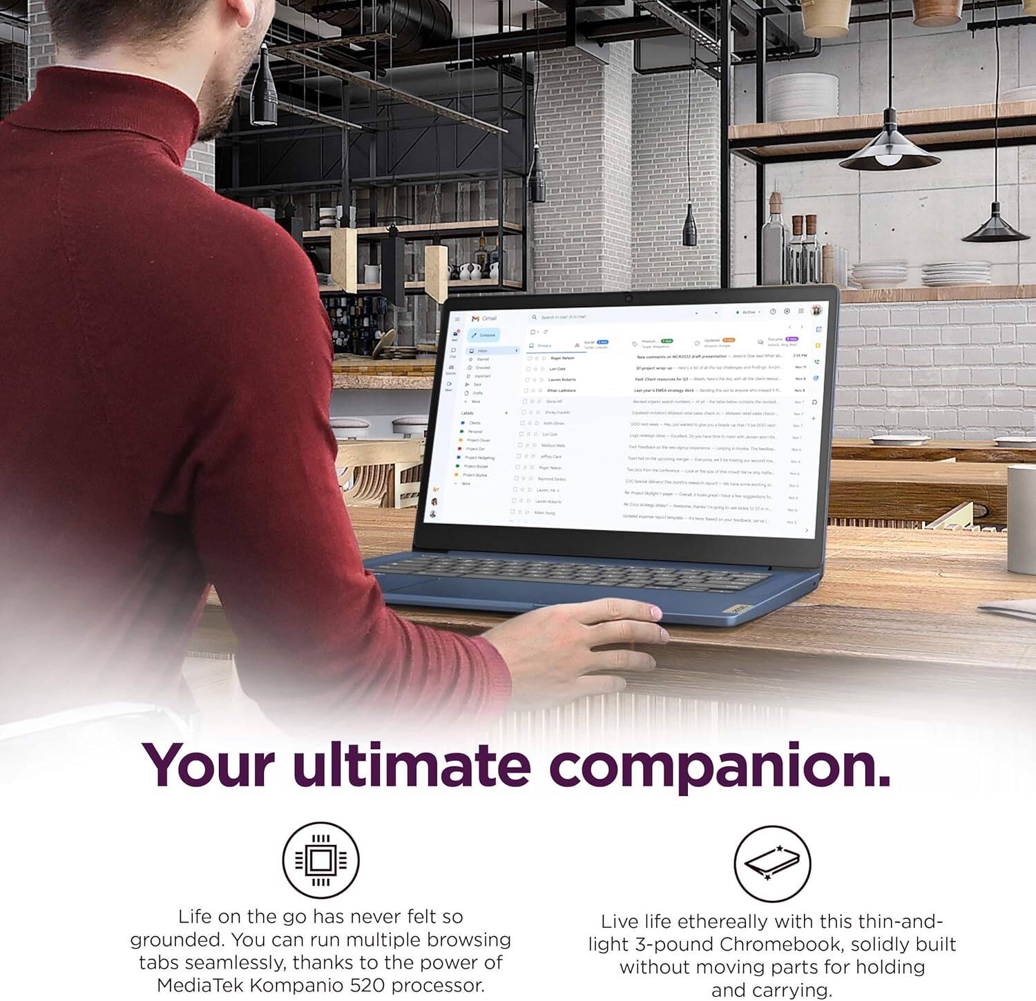 Alt View 5. Lenovo - IdeaPad Slim 3 Chromebook 14" FHD Touchscreen Laptop - MediaTek Kompanio 8-Core Processor  - 192GB Storage - Chrome OS - Abyss Blue.