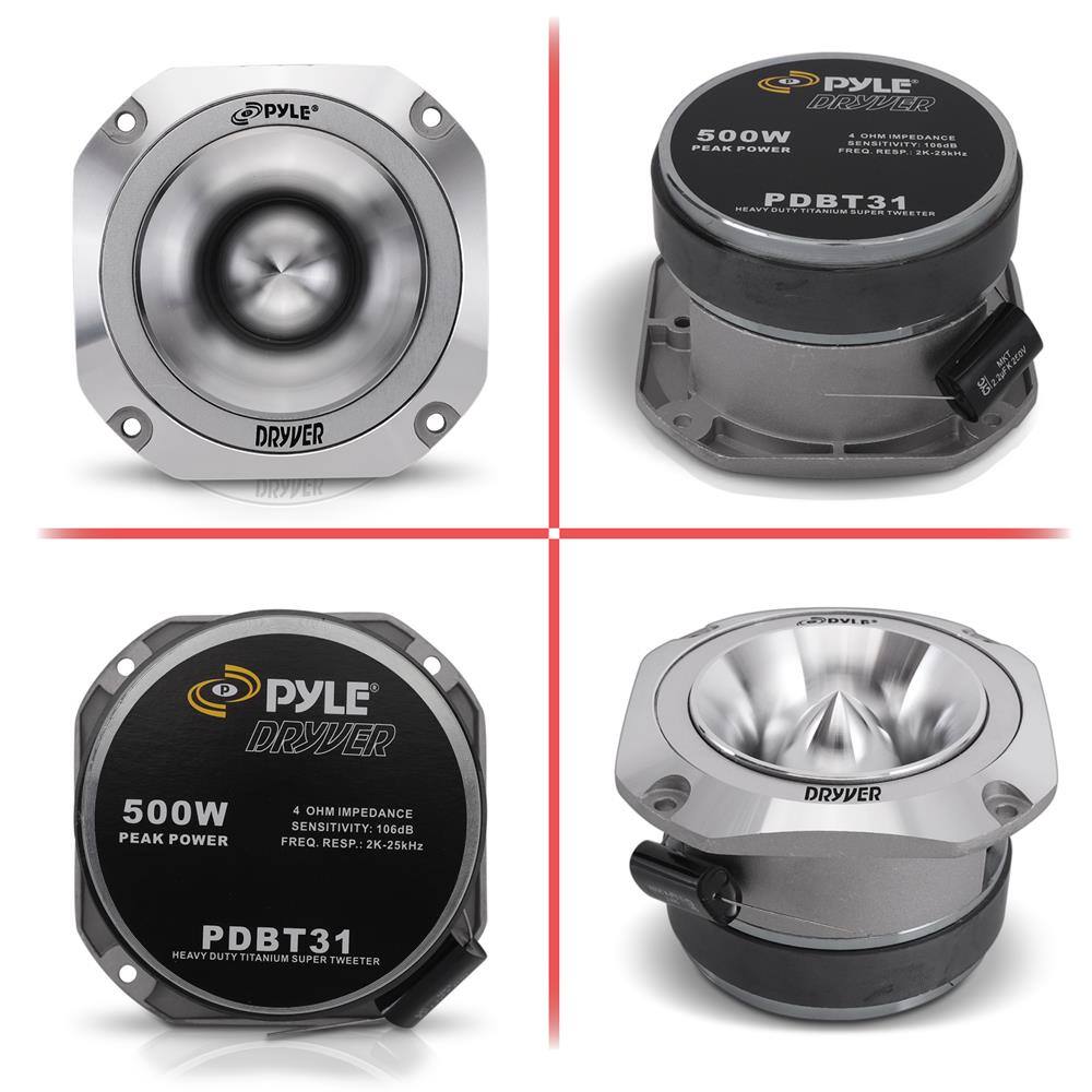 PYLE PYLE DRIVER 500W  
4 OHM IMPEDANCE  
SENSITIVITY: 106dB  
PEAK POWER  
FREQ. RESP.: 2K-25kHz  
DRIVER PDBT31  
HEAVY DUTY TITANIUM SUPER TWEETER