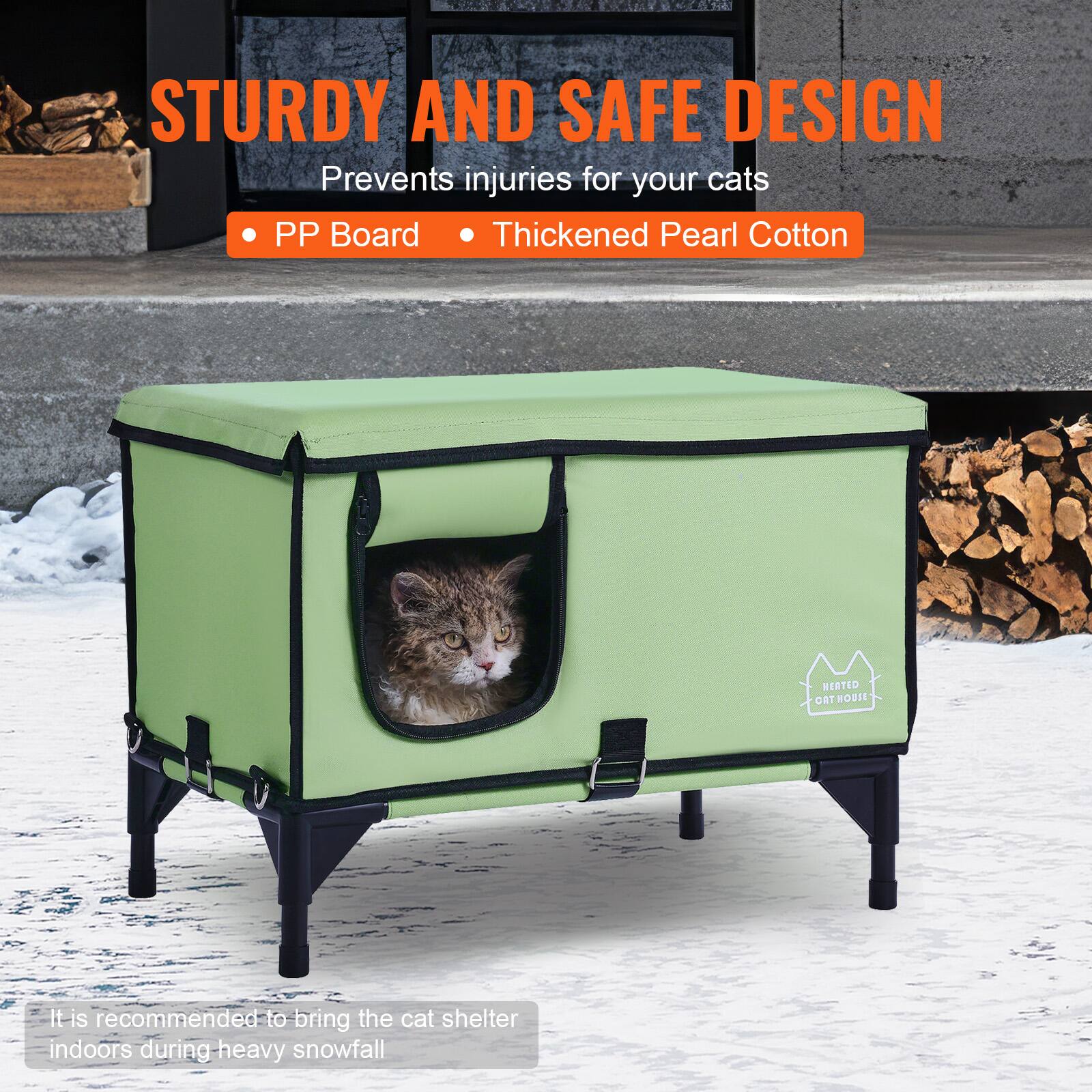 STURDY AND SAFE DESIGN  
Prevents injuries for your cats  

- PP Board  
- Thickened Pearl Cotton  

It is recommended to bring the cat shelter indoors during heavy snowfall