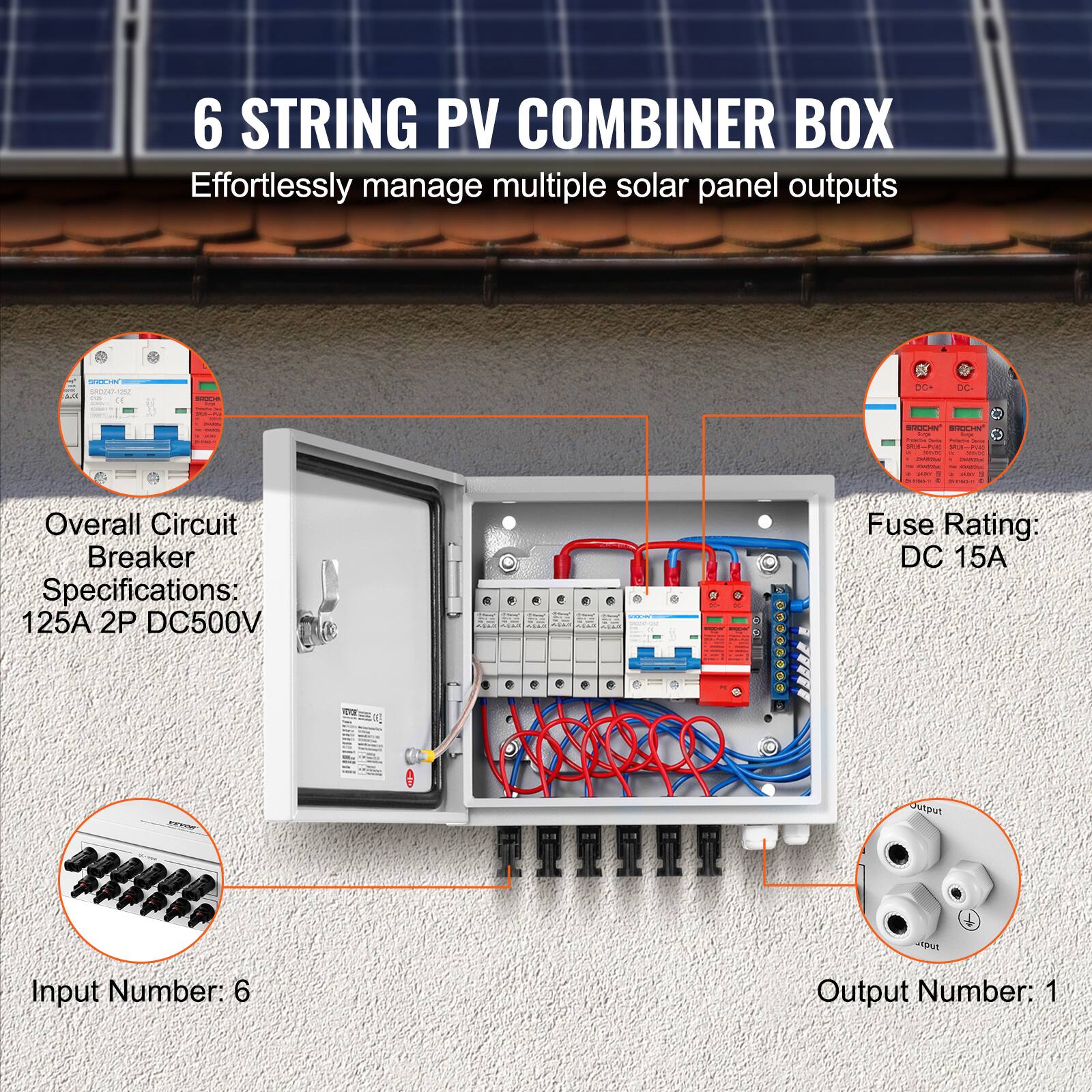 6 STRING PV COMBINER BOX  
Effortlessly manage multiple solar panel outputs  

Overall Circuit Breaker Specifications:  
125A 2P DC500V  

Fuse Rating:  
DC 15A  

Input Number: 6  
Output Number: 1