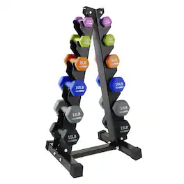 HolaHatha - 3, 5, 8, 10, 12 & 15 Pound Neoprene Hex Dumbbell Weight & Storage Rack - Multicolor