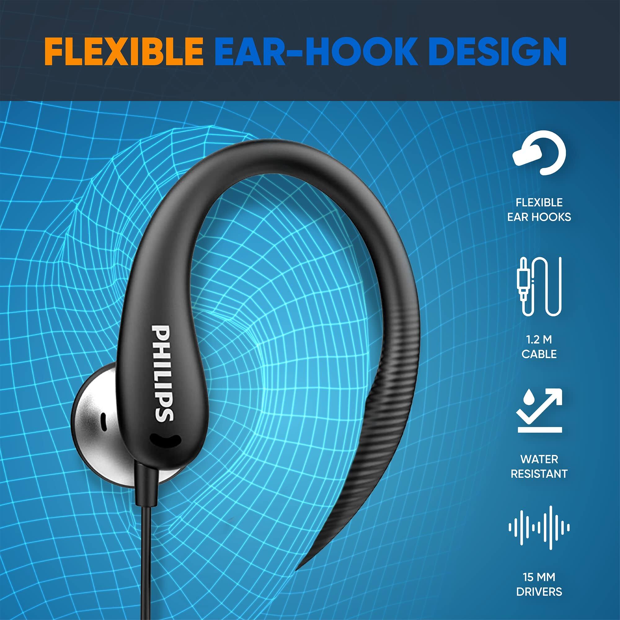 FLEXIBLE EAR-HOOK DESIGN

- FLEXIBLE EAR HOOKS
- PHILIPS
- 1.2 M CABLE
- WATER RESISTANT
- 15 MM DRIVERS