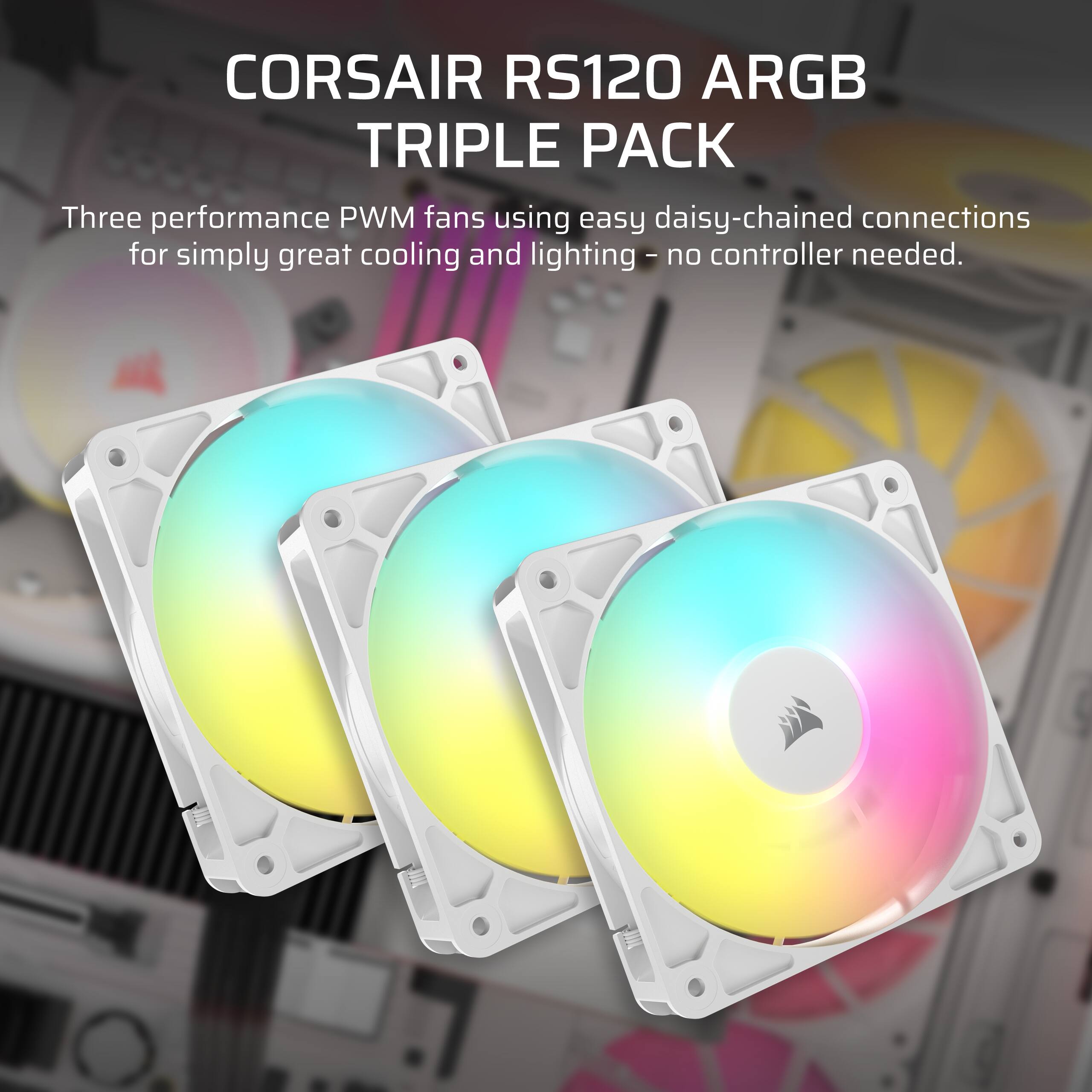 Corsair RS120 ARGB Triple Pack: Three performance PWM fans using easy daisy-chained connections for simply great cooling and lighting - no controller needed.