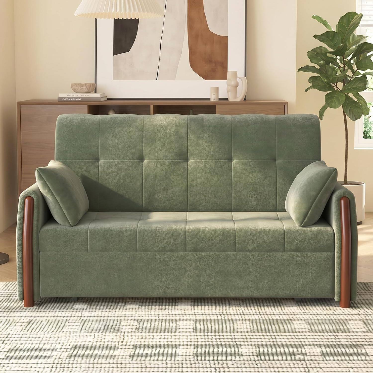 Left. luck idea - Pull‑Out Sleeper Sofa, 63‑inch Dark Green Convertible Sofa Bed with Storage, Side Pockets & 2 Throw Pillows - green.