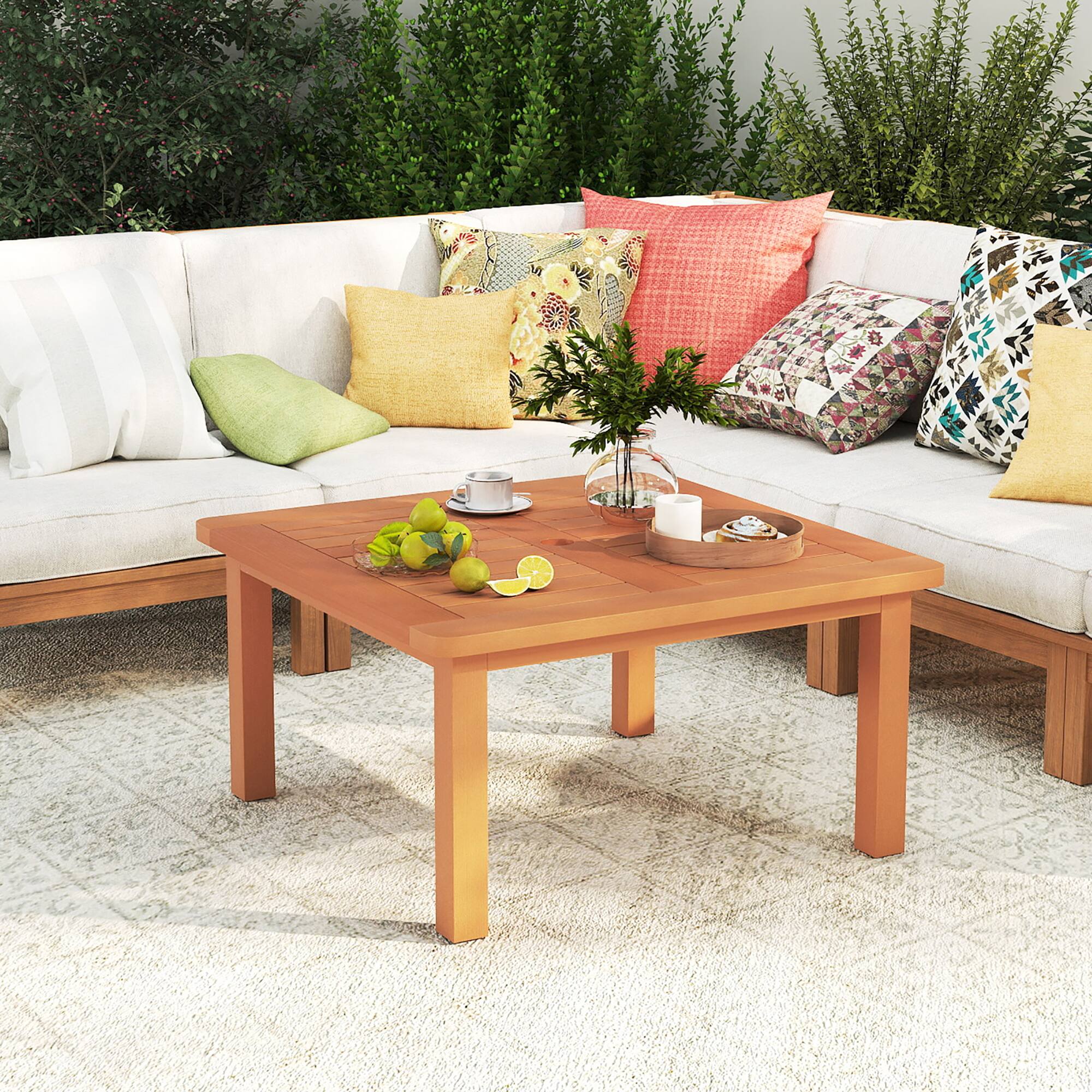 Alt View 3. Gymax - Gymax Patio Coffee Table w/ Umbrella Hole Slatted Tabletop & Teak Oil Finish - Natural.