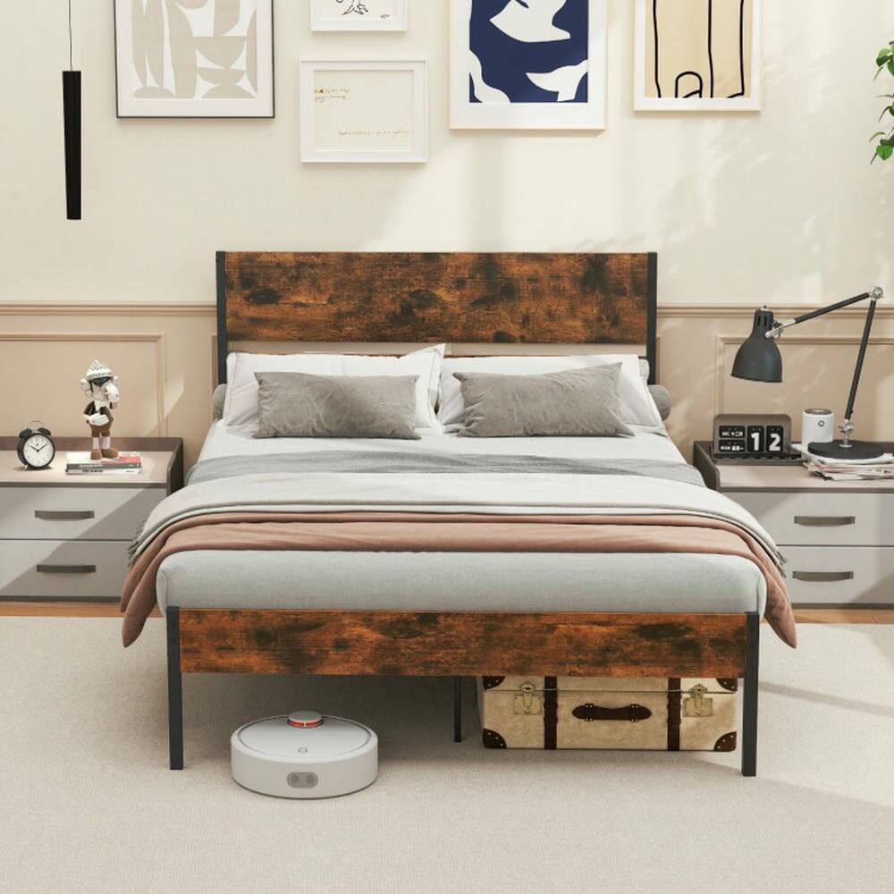 Alt View 6. Kadyn - Platform Bed Frame, Bedroom Bed Frame,Twin/Full/Queen/King Metal Bed Frame with Wooden Headboard and Footboard-Full Size - Brown.