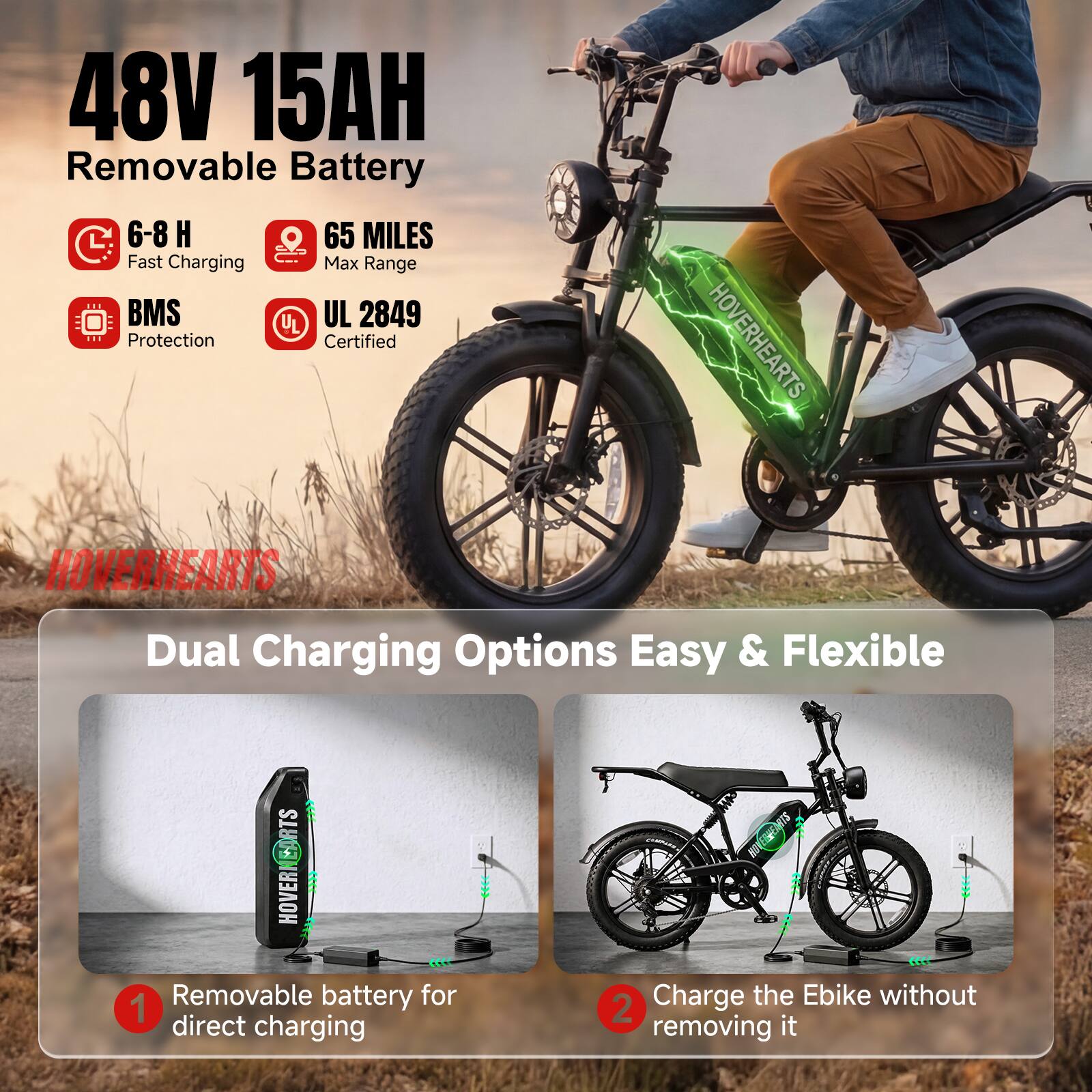 48V 15AH Removable Battery

- 6-8 H Fast Charging
- 65 MILES Max Range
- BMS Protection
- UL 2849 Certified

HOVERHEARTS

Dual Charging Options Easy & Flexible

1. Removable battery for direct charging
2. Charge the E-bike without removing it