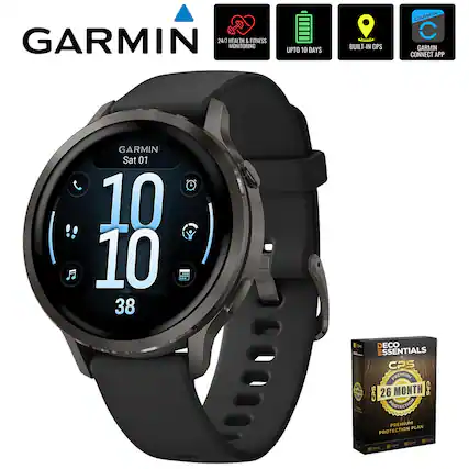 GARMIN 24/7 HEALTH & FITNESS MONITORING UPTO 10 DAYS BUILT-IN GPS GARMIN CONNECT APP GARMIN Sat 01 10 10 38 O ECO SSENTIALS CPS PREMIUM CPS 26 MONTH CPS PROTECTION PREMIUM PLAN PROTECTION - L