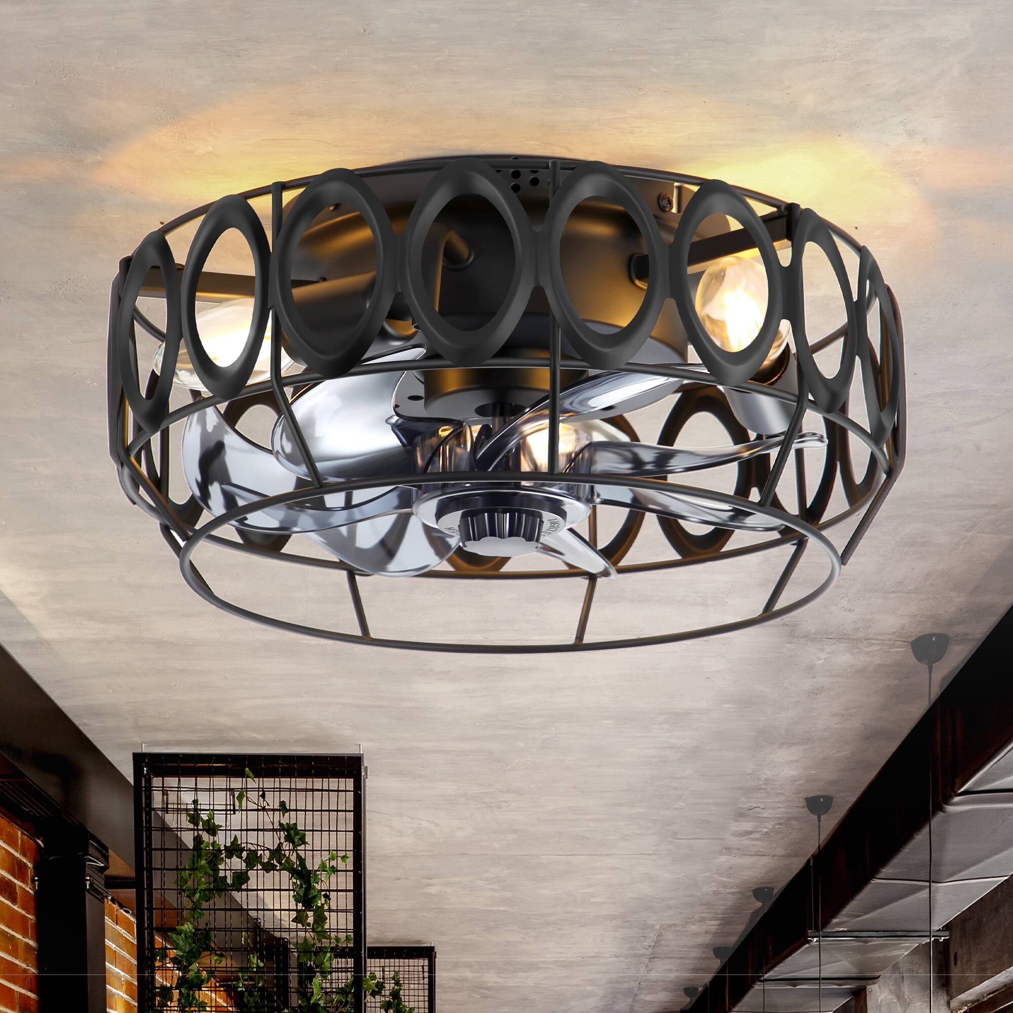 Alt View 1. Breezary - 13'' Flush Mount Mini Small Ceiling Fan with Light Fixture, Remote, DC Motor, Farmhouse Cage Design for Bedroom - Matte Black.