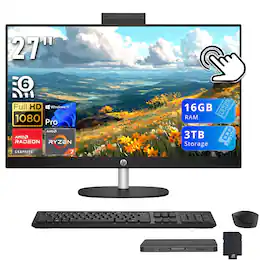 HP - Upgraded - 27" FHD Touchscreen All-in-one Desktop,AMD Ryzen 7 7730U,16GB RAM,2TB SSD+1TB Dock,Keyboard & Mouse,Win11 Pro - Black