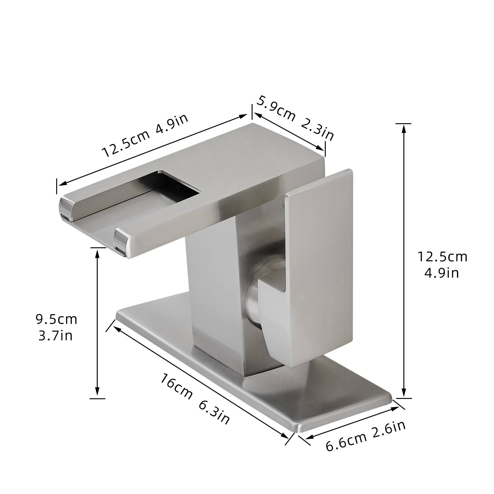 - 12.5 cm / 4.9 in
- 5.9 cm / 2.3 in
- 9.5 cm / 3.7 in
- 16 cm / 6.3 in
- 6.6 cm / 2.6 in