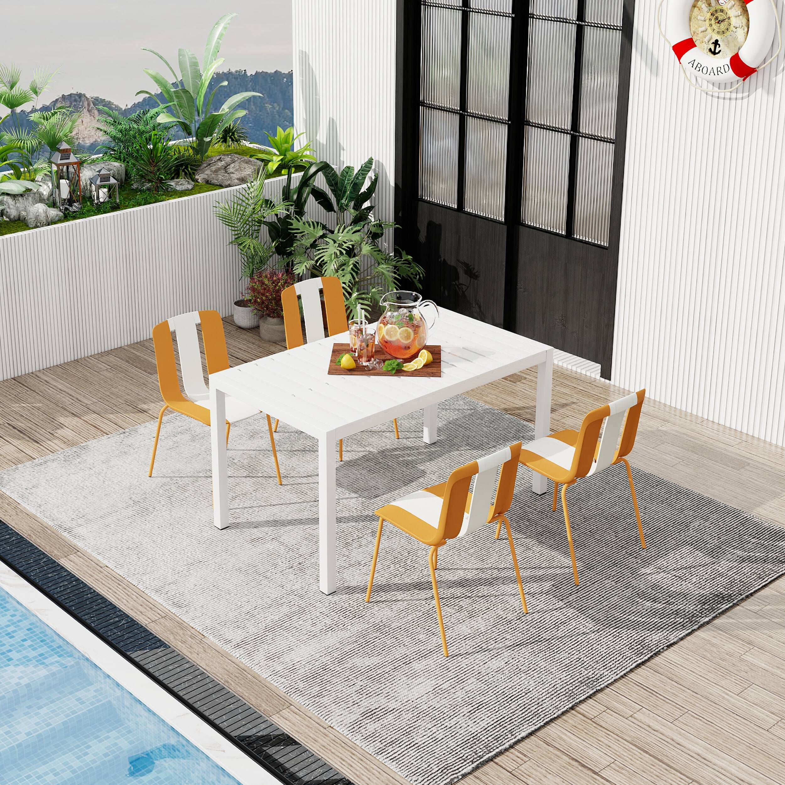 Left. Mondawe - 5-Piece Outdoor Dining Set – 55 Inch Table with 4 Striped Color Block Chairs,PP Tabletop with Metal Legs - Orange+White.