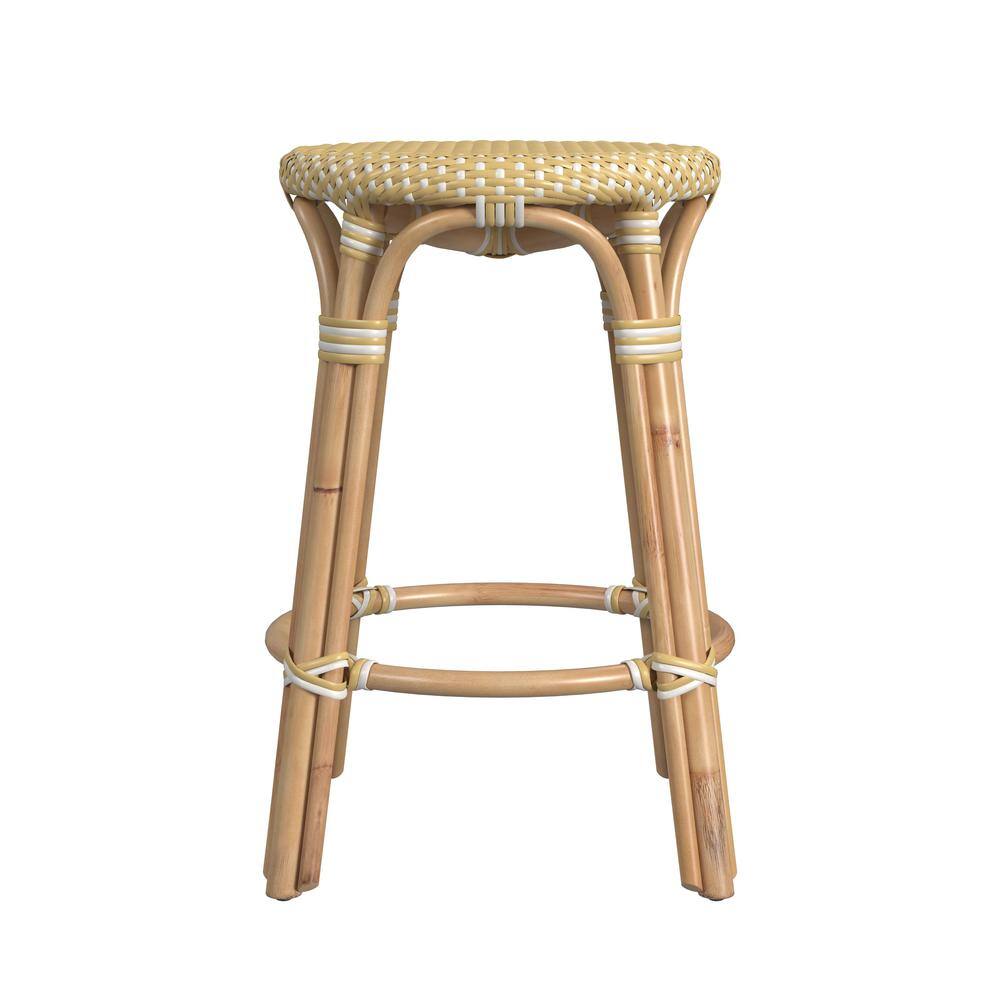 Back. Butler Specialty - Tobias Rattan Round 24" Counter Stool - Yellow And White Dot.
