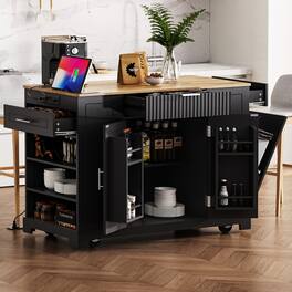 Loheer - Fluted Kitchen Island with Trash Can Storage, Rubberwood Top & Power Outlet, 48.5in - Black