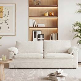 Dyonery - 70" Loveseat Sofa Corduroy Couch, Deep Seat Slipcovered Sofa with 2 Wide Armrest Pillows and Soft Backrest - Beige