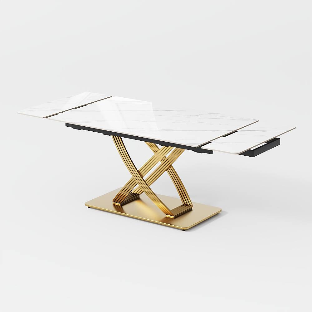 Alt View 2. POVISON - 55"-79" Modern Luxury Extendable Dining Table for 4-6, White Glossy Sintered Stone Top with Titanium Gold X-Base - White.
