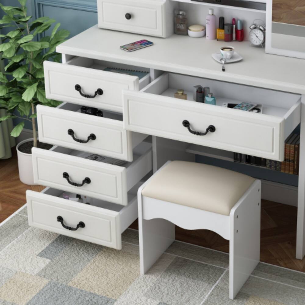 Angle. LUCKY ONE - Vanity Desk with Lighted Mirror, 3-Color Adjustable LED and 6 Drawers for Bedroom - White.