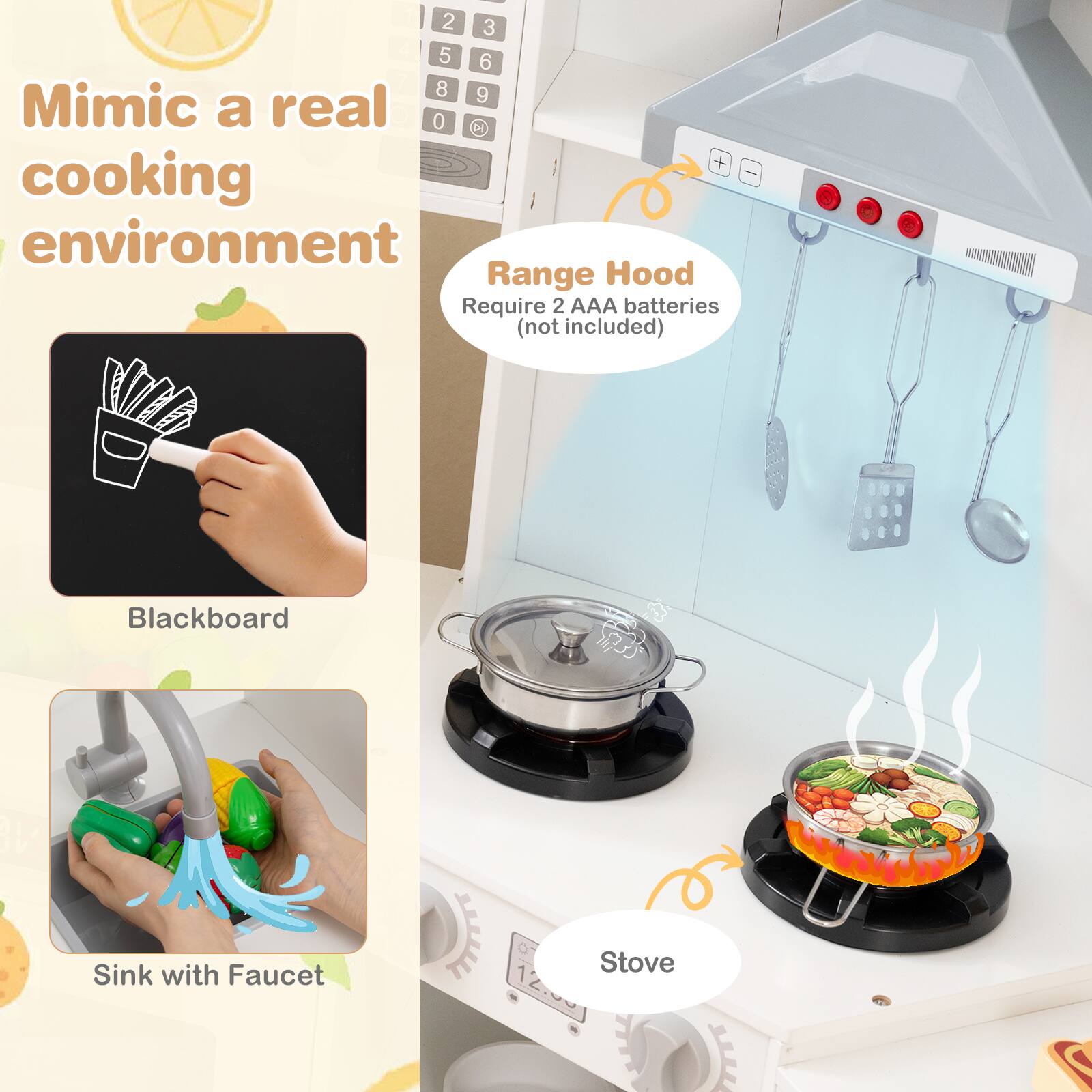 Mimic a real cooking environment

- Blackboard
- Sink with Faucet
- Stove
- Range Hood
  - Require 2 AAA batteries (not included)