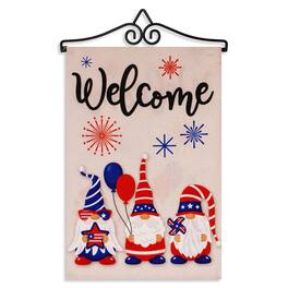 G128 - Combo Garden Flag Hanger 14in with 12x18 Double-Sided Burlap-Style Flag — Welcome 3 Gnomes Celebrating July 4th - Red, White, Blue