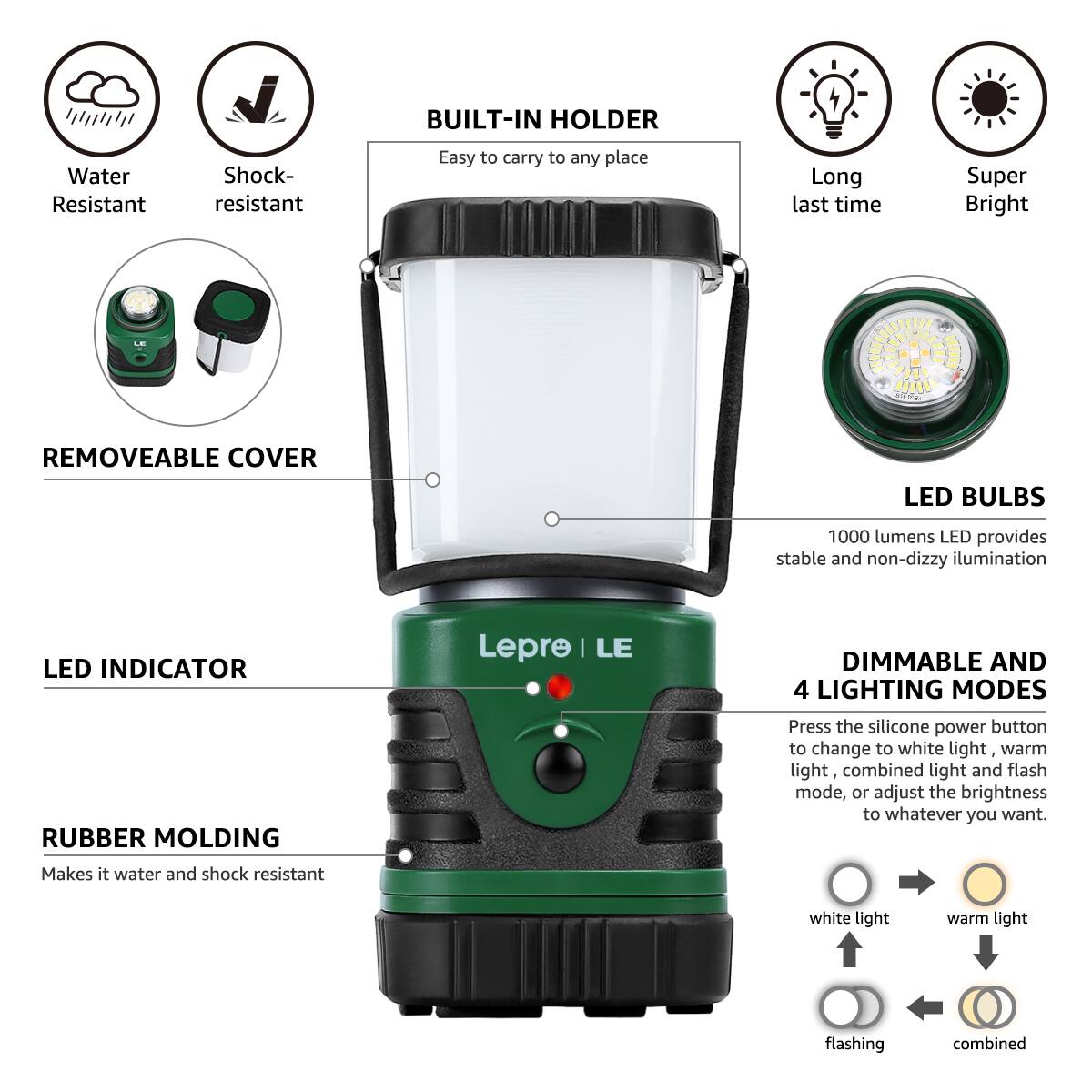 The image features a Lepre | LE flashlight with a built-in holder, making it easy to carry to any place. The flashlight is water and shock resistant, providing a long-lasting and super bright light. The flashlight has a removeable cover and LED bulbs that offer stable and non-dizzy illumination. The flashlight also has a LED indicator, and it comes with four lighting modes, including dimmable and flashing options. The flashlight is made with rubber molding, ensuring durability and protection.