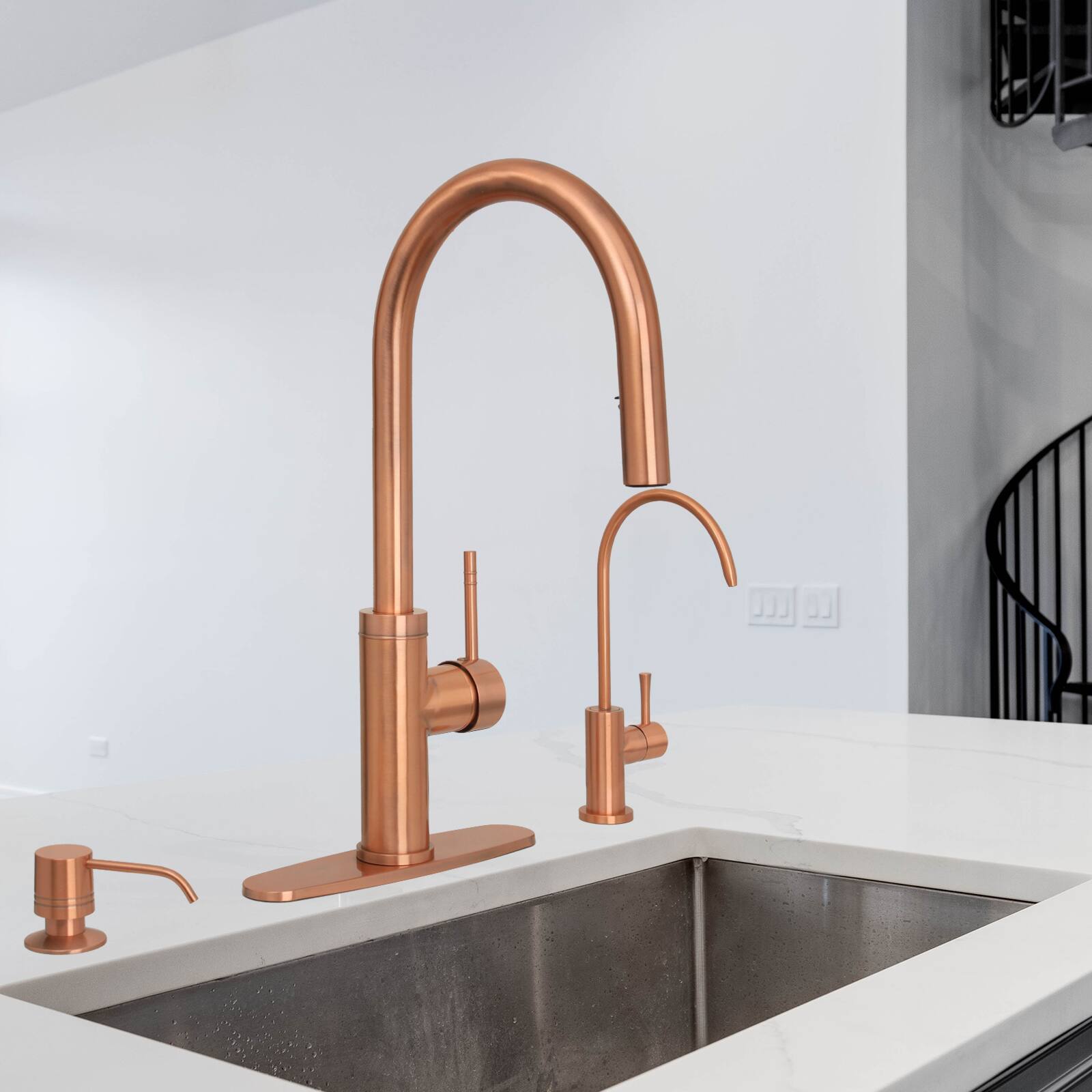 Alt View 5. Akicon - Akicon Single Handle Solid Brass Kitchen Faucet with Pull Down Sprayer in Copper - Copper.