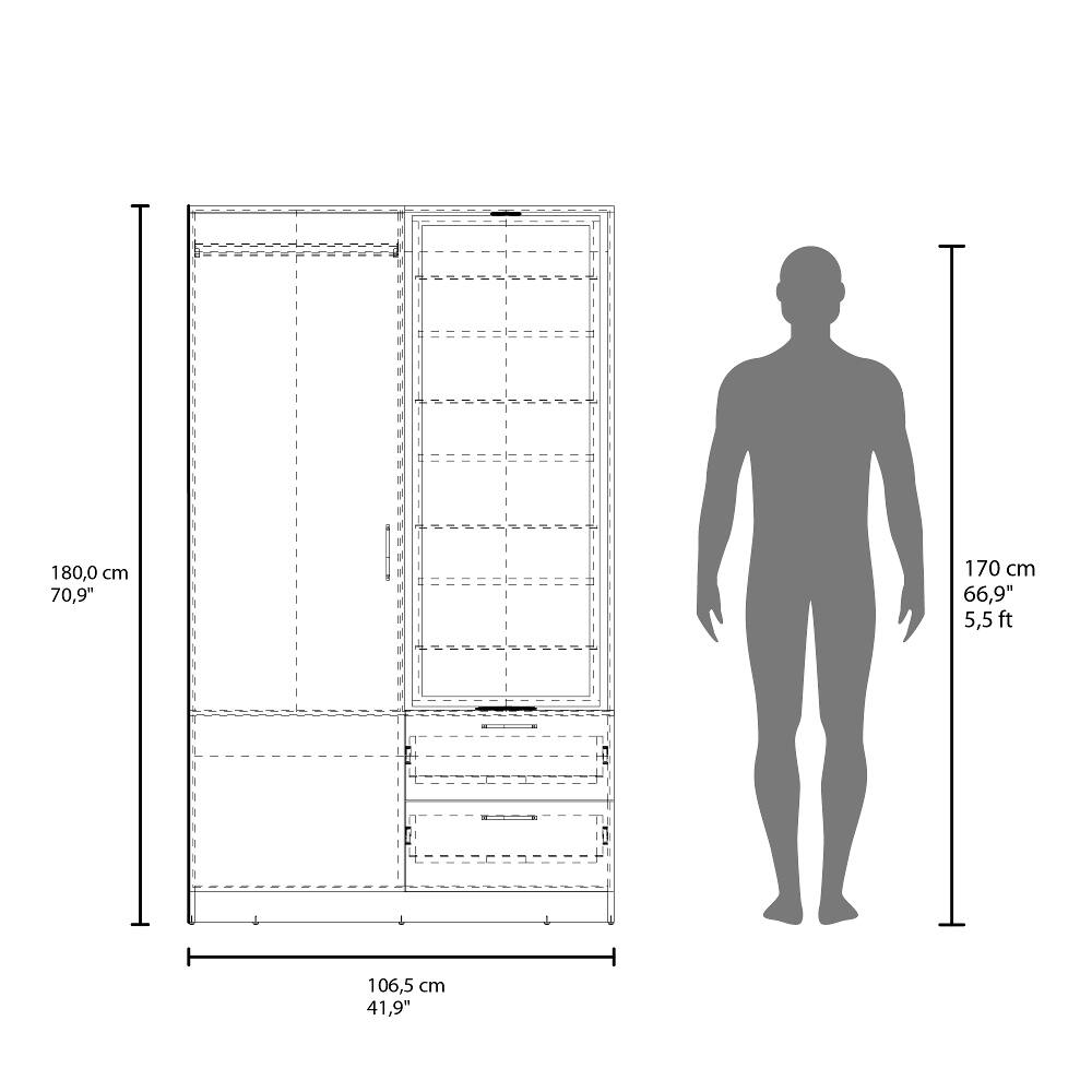 180,0 cm 70,9"  
170 cm 66,9" 5,5ft  
106,5 cm 41,9"