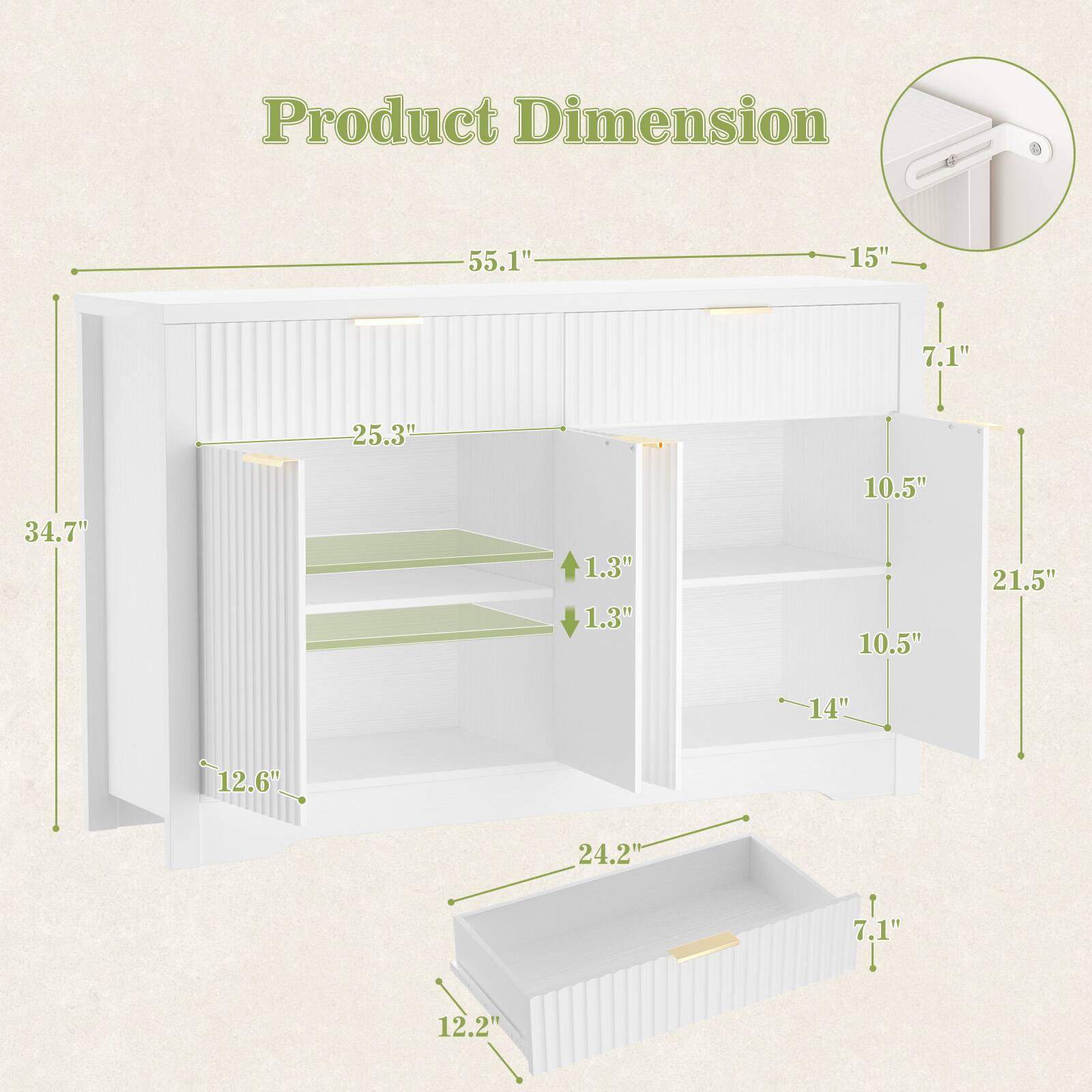 Product Dimension: 55.1" x 15" x 7.1" x 25.3" x 34.7" x 1.3" x 1.3" x 10.5" x 10.5" x 21.5" x 14" x 12.6" x 12.2" x 24.2"