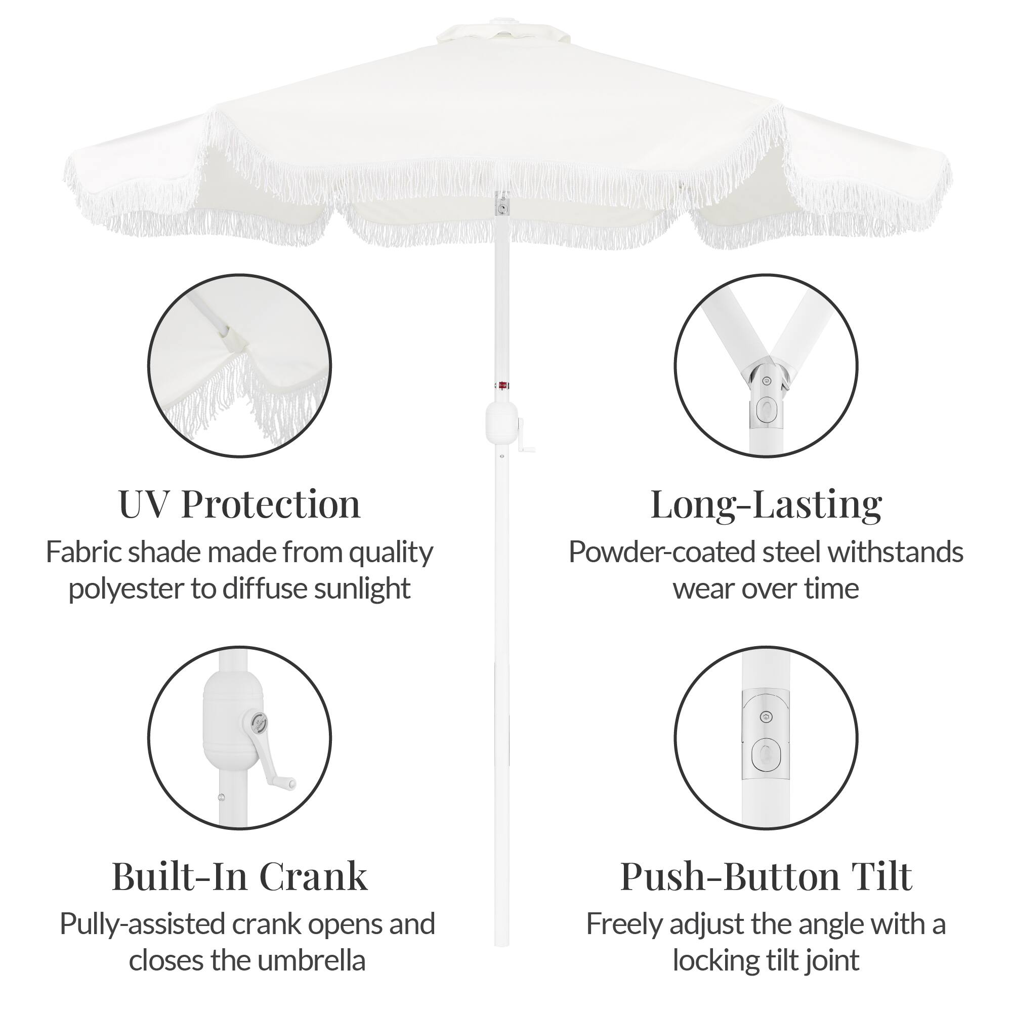 - UV Protection: Fabric shade made from quality polyester to diffuse sunlight
- Long-Lasting: Powder-coated steel withstands wear over time
- Built-In Crank: Pulley-assisted crank opens and closes the umbrella
- Push-Button Tilt: Freely adjust the angle with a locking tilt joint