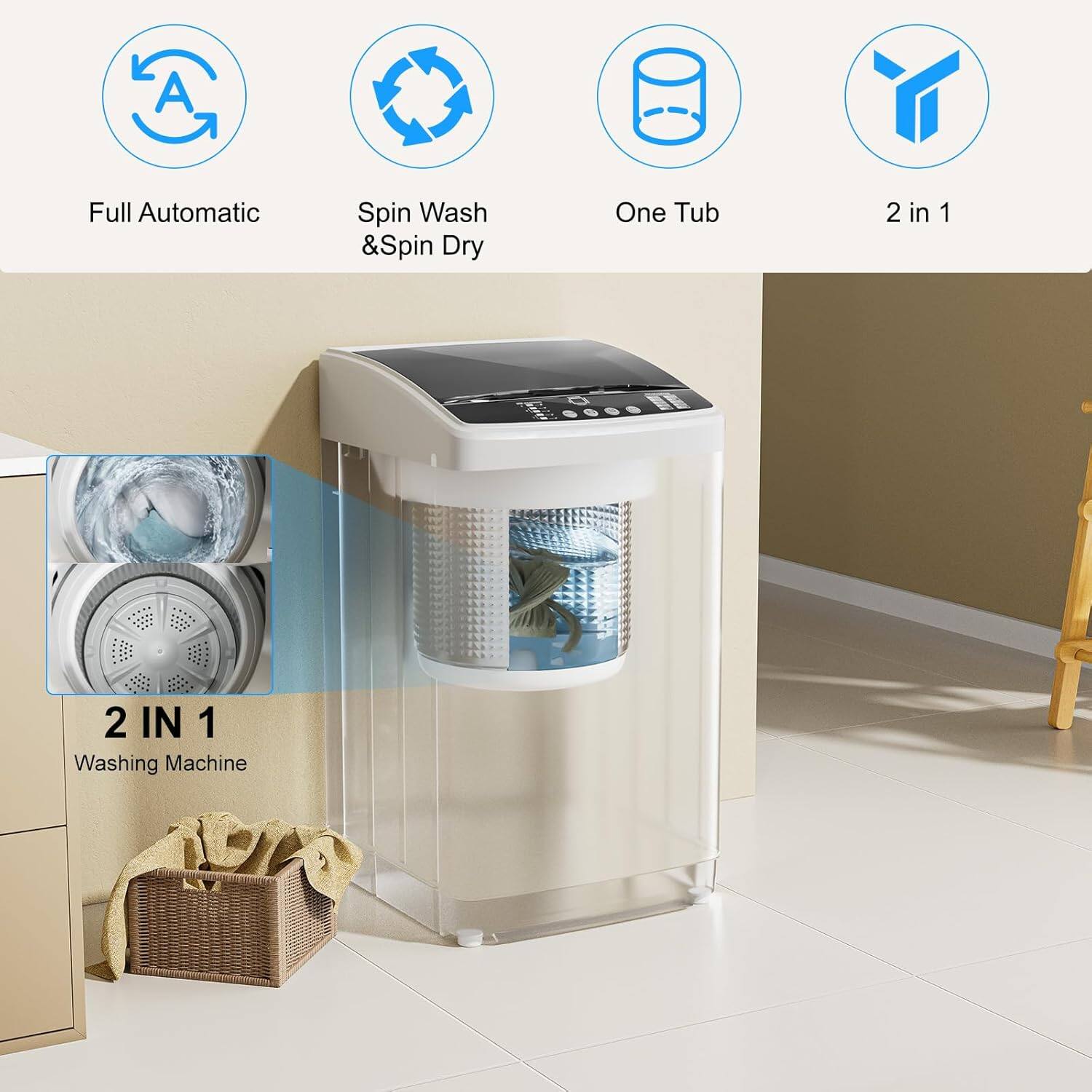 A Full Automatic Spin Wash & Spin Dry One Tub 2 in 1 Washing Machine

- Full Automatic
- Spin Wash & Spin Dry
- One Tub
- 2 in 1

2 IN 1 Washing Machine
