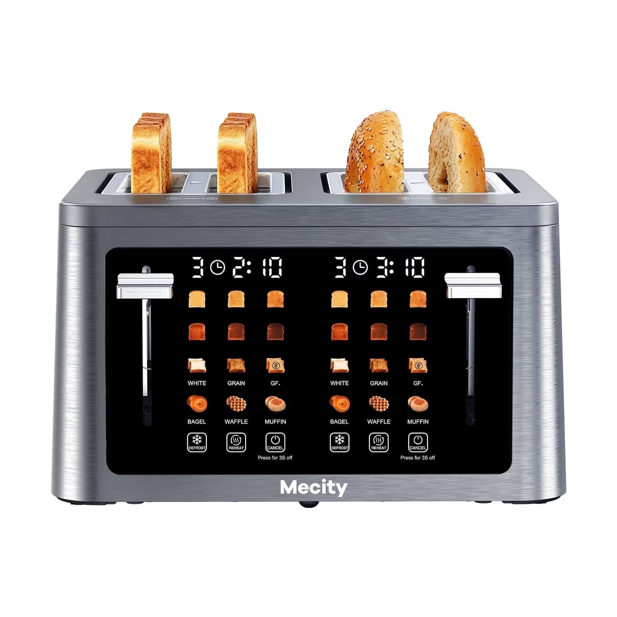 COOK  
CCO  
302:10 303:10  
WHITE  
GRAIN  
GF.  
WHITE  
GRAIN  
GF.  
BAGEL  
WAFFLE  
MUFFIN  
BAGEL  
WAFFLE  
MUFFIN  
DEFROST  
REHEAT  
CANCEL  
DEFROST  
REHEAT  
CANCEL  
Press for 38 off  
Press for 3$ off  
Mecity