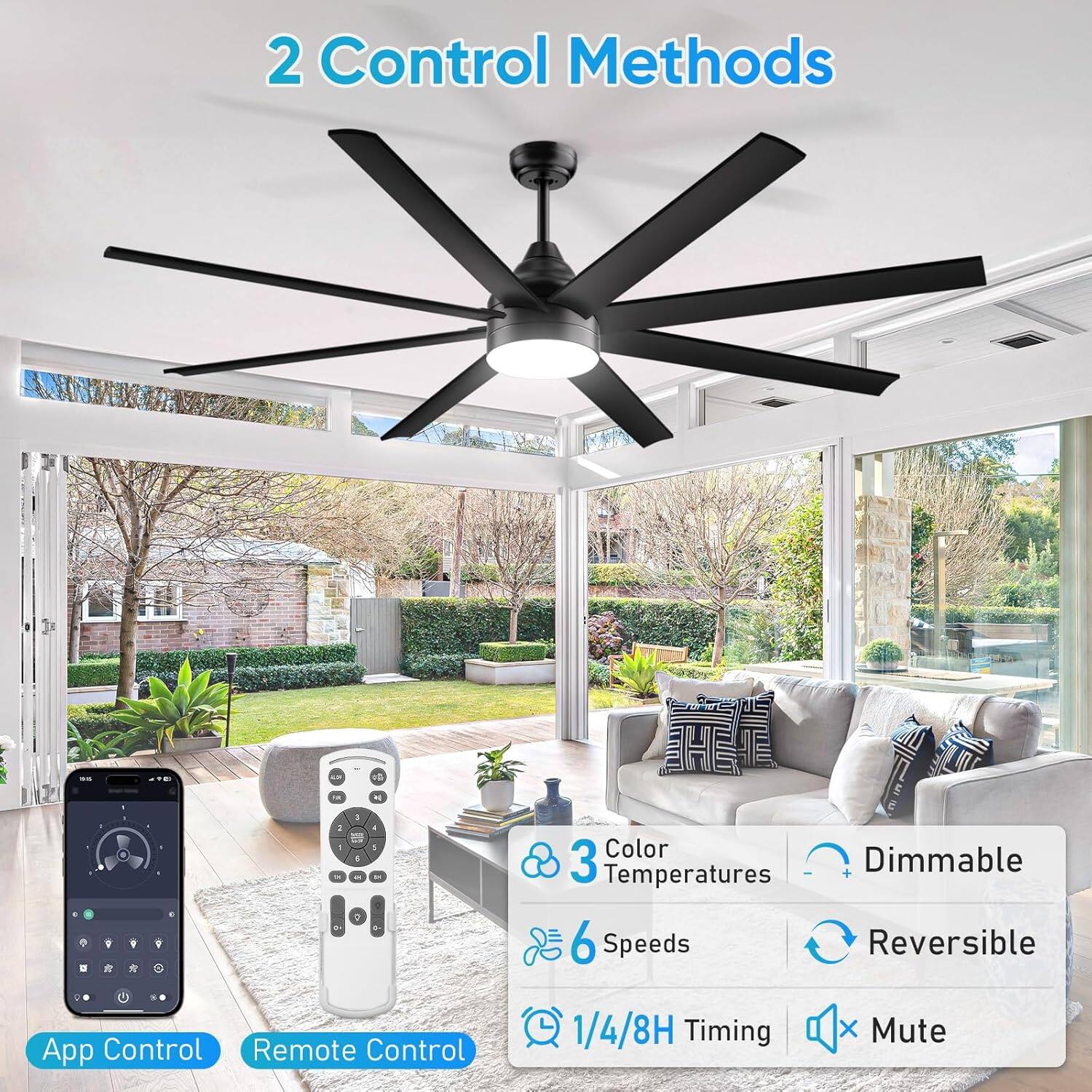 2 Control Methods

- App Control
- Remote Control

3 Color Temperatures
- Dimmable

6 Speeds
- Reversible

1/4/8H Timing
- Mute