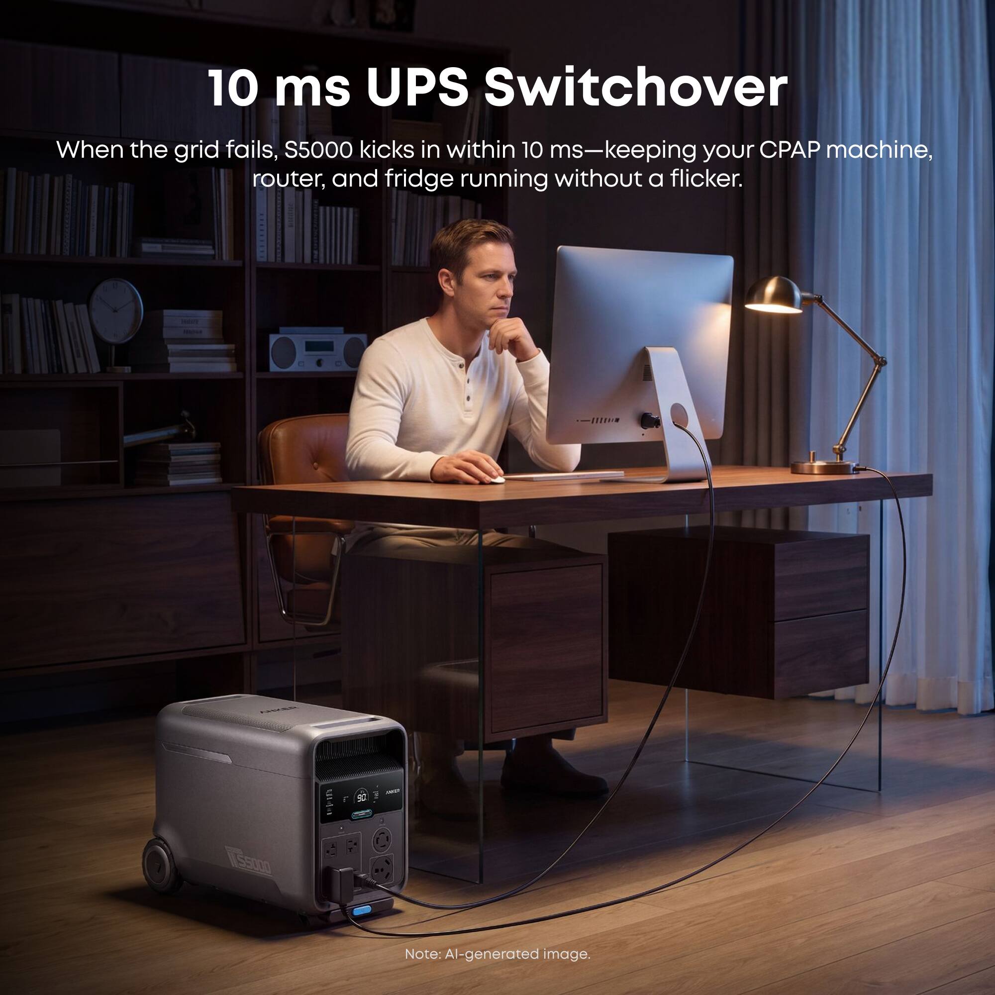 10 ms UPS Switchover

When the grid fails, S5000 kicks in within 10 ms—keeping your CPAP machine, router, and fridge running without a flicker.

Note: AI-generated image.