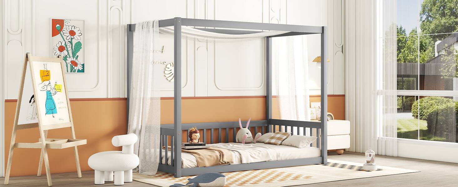 Alt View 6. Tiramisubest - Twin Size Canopy Frame Floor Bed with Fence, Guardrails,Grey - Grey.