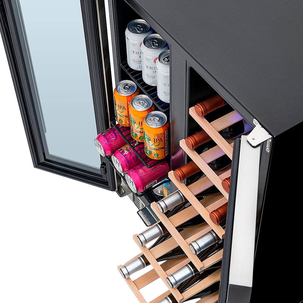 The image features a refrigerator with a variety of drinks inside. There are several cans of soda, including a can of IPA, and a bottle of wine. The refrigerator is stocked with a diverse selection of beverages, making it a convenient spot for refreshments.