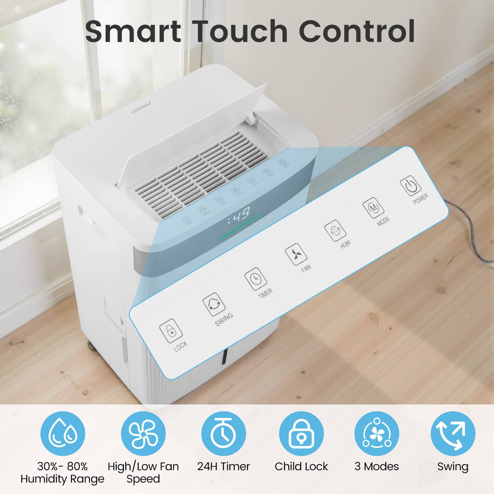 Smart Touch Control

- 30% - 80% Humidity Range
- High/Low Fan Speed
- 24H Timer
- Child Lock
- 3 Modes
- Swing