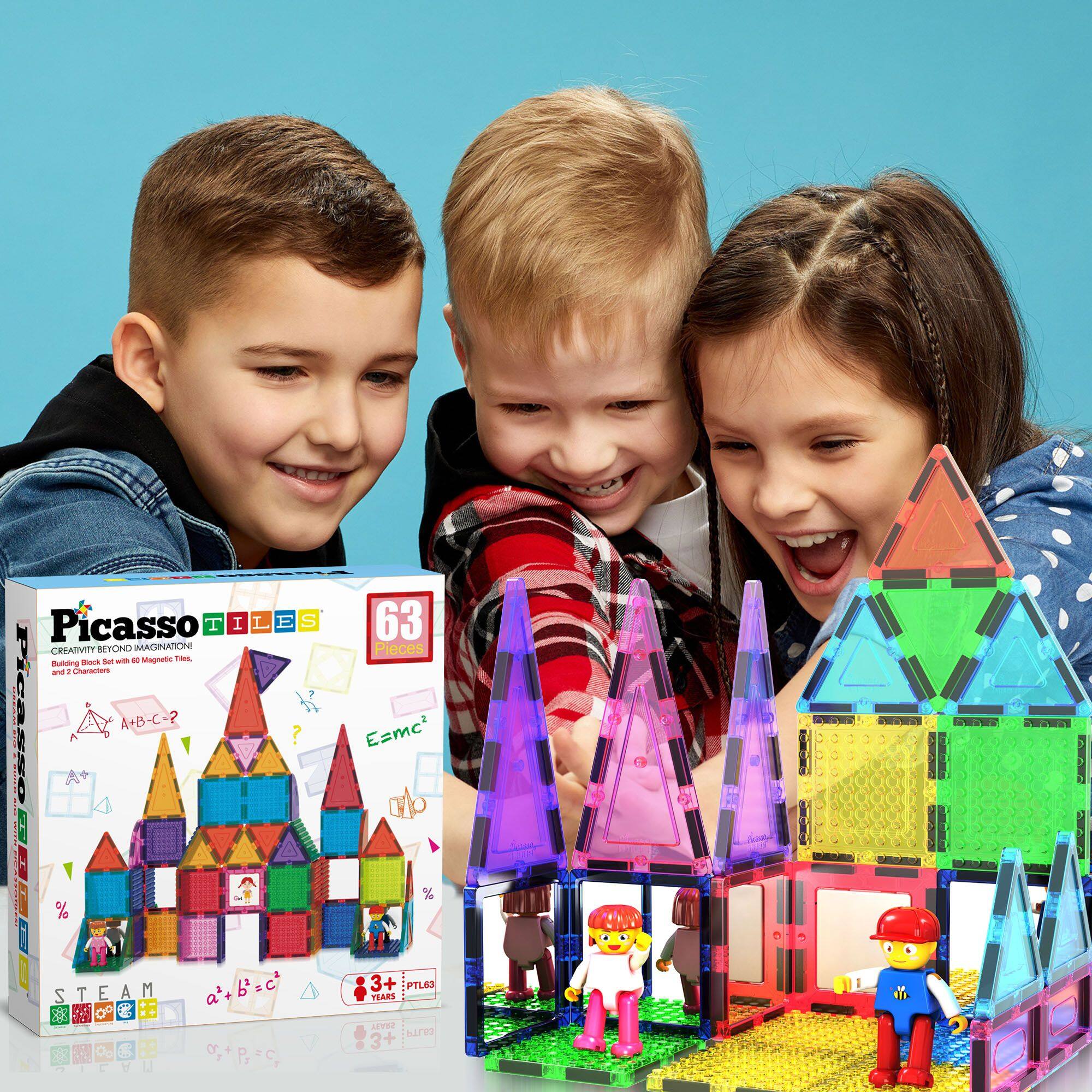 Picasso Tiles  
Creativity Beyond Magnets!  
63 Pieces  
STEAM  
A+B=C  
E=mc²  
3+