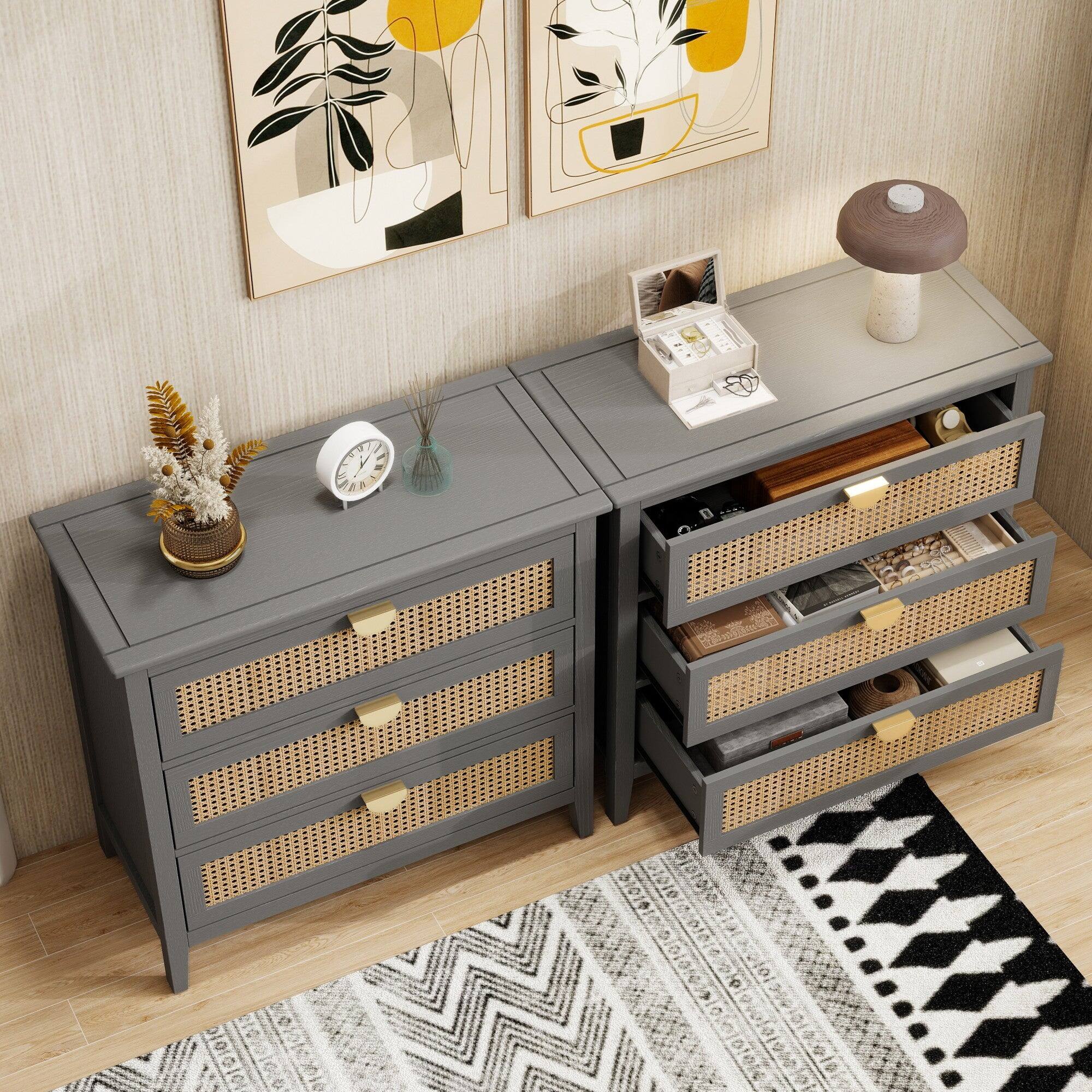 Alt View 8. Boyel Living - Gray 30 in. 3 Drawer Cabinet, Natural rattan Suitable for bedroom, living room, study - Gray.