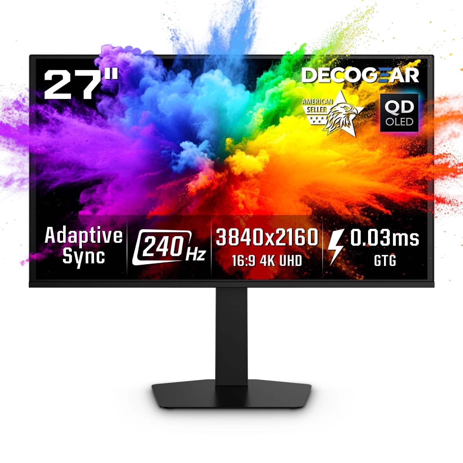 Deco Gear - 27" 4K UHD QD-OLED 240Hz 0.03ms Gaming Monitor, HDR400, AMD FreeSync, Dual HDMI 2.1 & Dual DP 1.4, Pivot Stand - Black