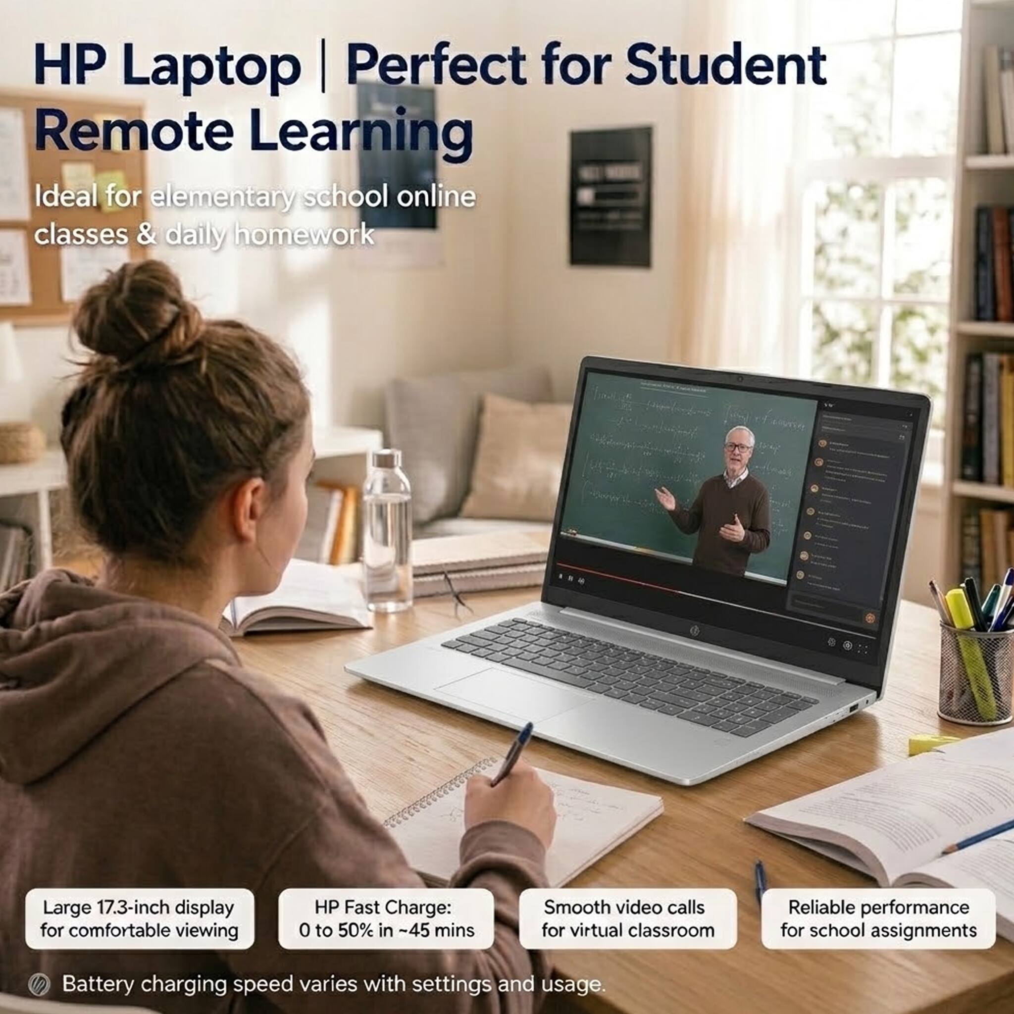 HP Laptop | Perfect for Student Remote Learning  
Ideal for elementary school online classes & daily homework  

Large 17.3-inch display for comfortable viewing  
HP Fast Charge: 0 to 50% in ~45 mins  
Smooth video calls for virtual classroom  
Reliable performance for school assignments  

Battery charging speed varies with settings and usage.
