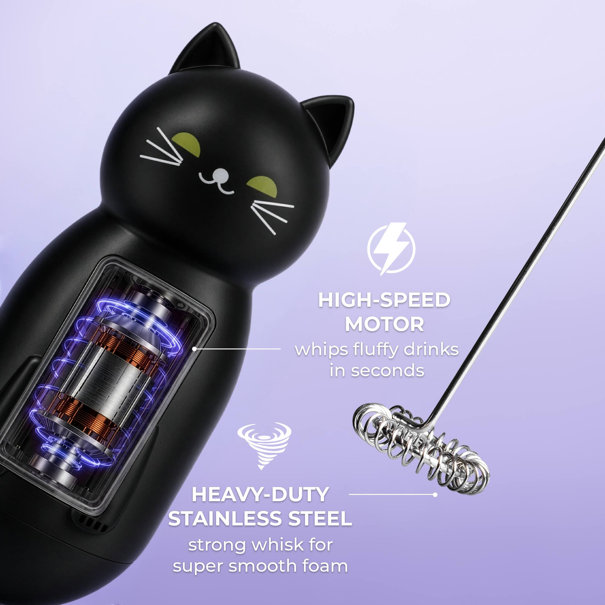 HIGH-SPEED MOTOR whips fluffy drinks in seconds  
HEAVY-DUTY STAINLESS STEEL strong whisk for super smooth foam