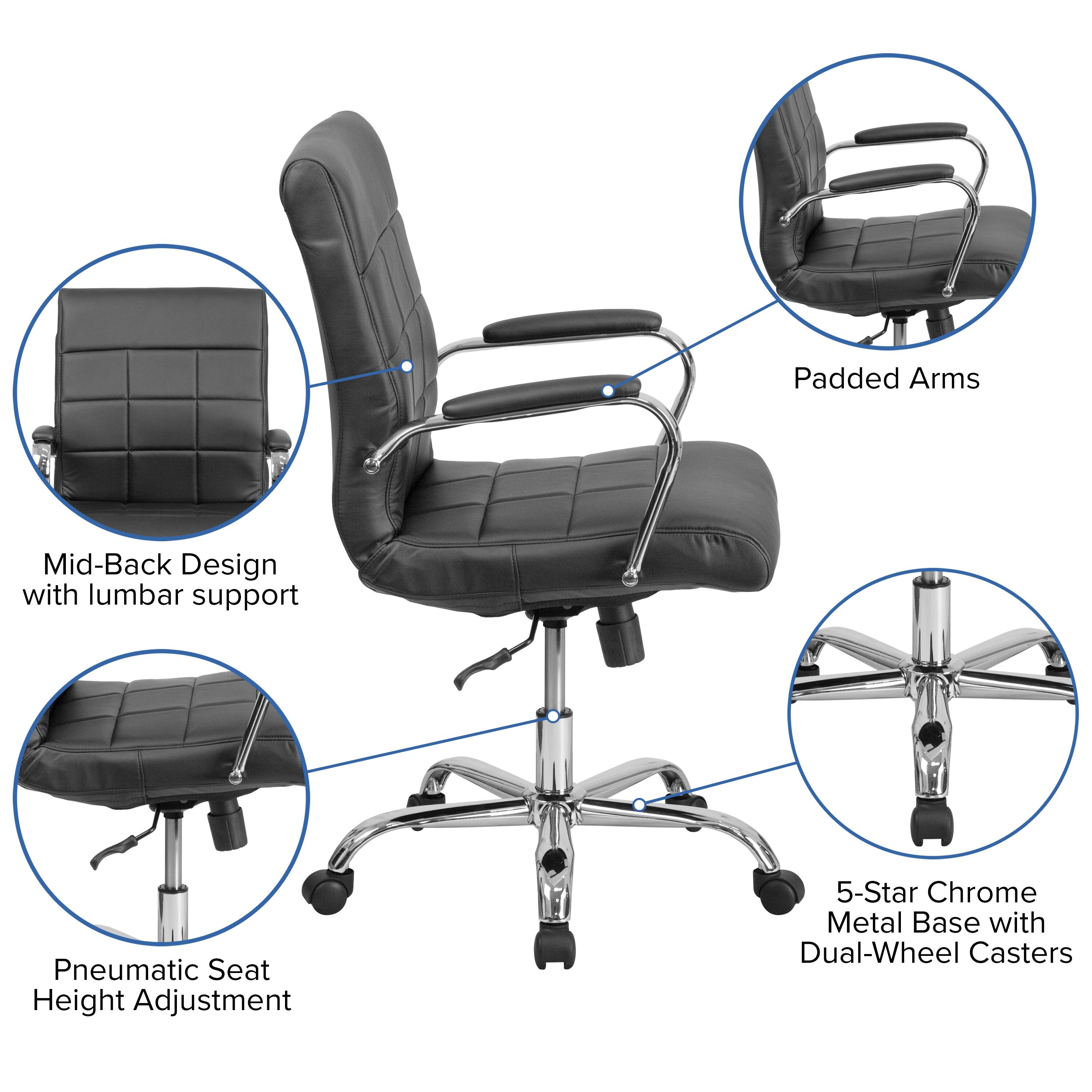 Padded Arms  
Mid-Back Design with lumbar support  
Pneumatic Seat Height Adjustment  
5-Star Chrome Metal Base with Dual-Wheel Casters