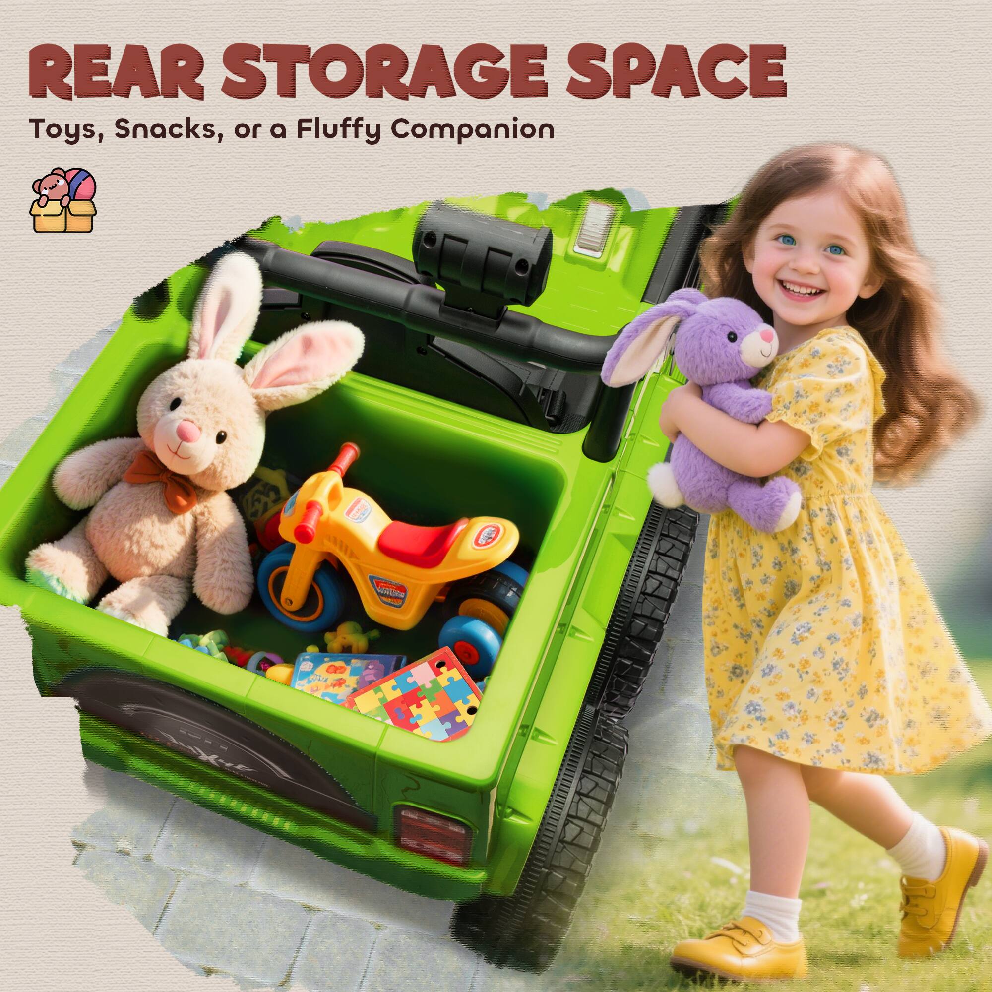 REAR STORAGE SPACE  
Toys, Snacks, or a Fluffy Companion