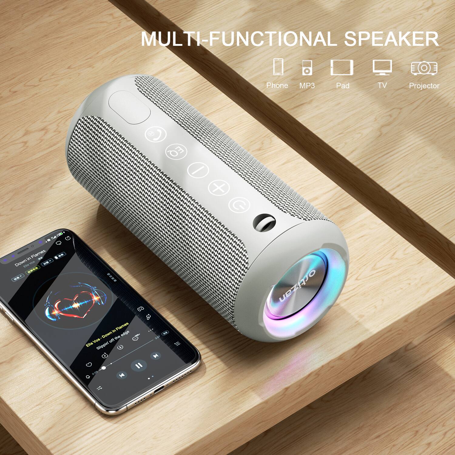 MULTI-FUNCTIONAL SPEAKER

Phone MP3 Pad TV Projector

EQ

I + - - i

Plames - Down

vts F 1S4

Flemes Down

De edge

2 Voe of Eha

Inigg

1N

ortizan