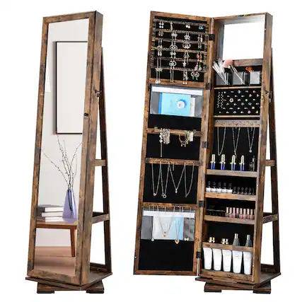 Front. Oumilen - 360° Rotating Jewelry Armoire with Full-Length Mirror & Storage - Brown.