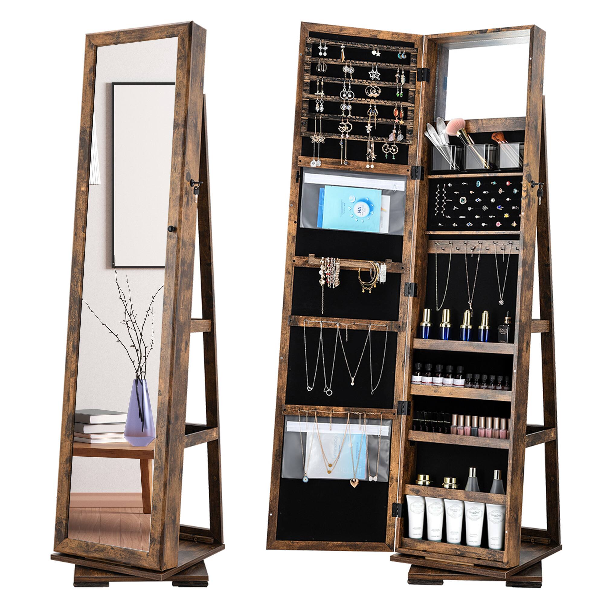 Front. Oumilen - 360° Rotating Jewelry Armoire with Full-Length Mirror & Storage - Brown.