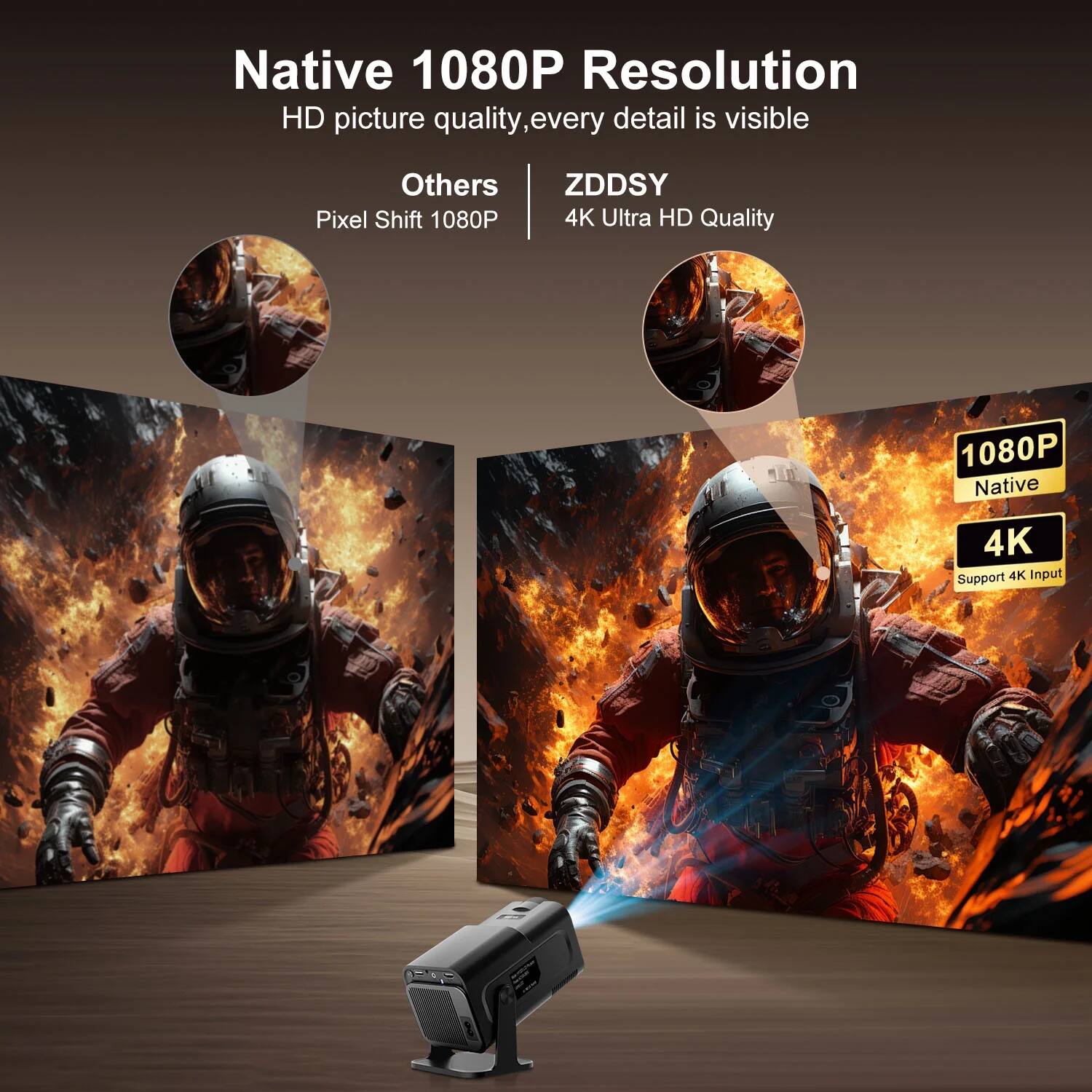 Native 1080P Resolution  
HD picture quality, every detail is visible

Others  
Pixel Shift 1080P

ZDDSYY  
4K Ultra HD Quality

1080P Native  
4K Support 4K Input