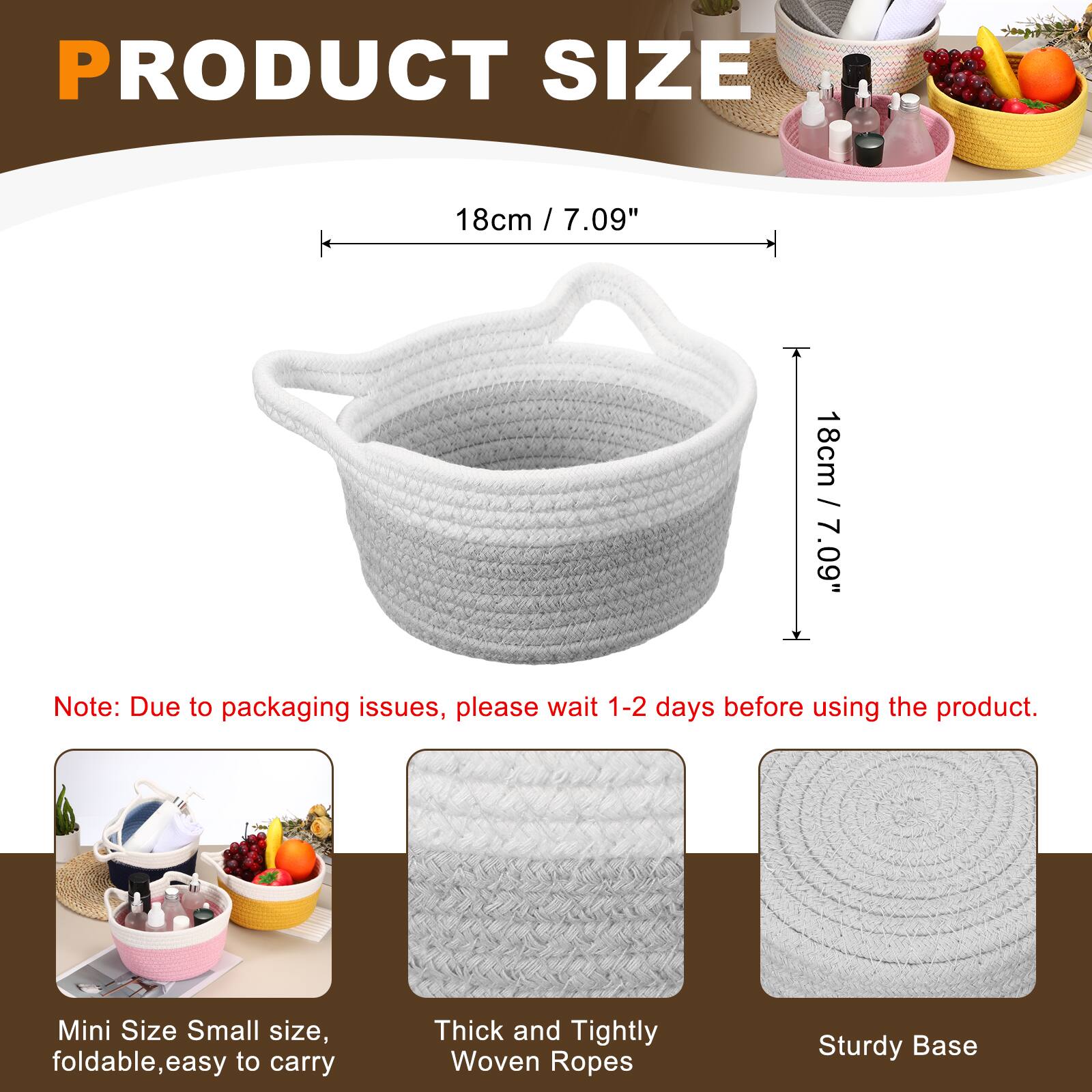 PRODUCT SIZE

18cm / 7.09"  
18cm / 7.09"

Note: Due to packaging issues, please wait 1-2 days before using the product.

Mini Size Small size, foldable, easy to carry  
Thick and Tightly Woven Ropes  
Sturdy Base