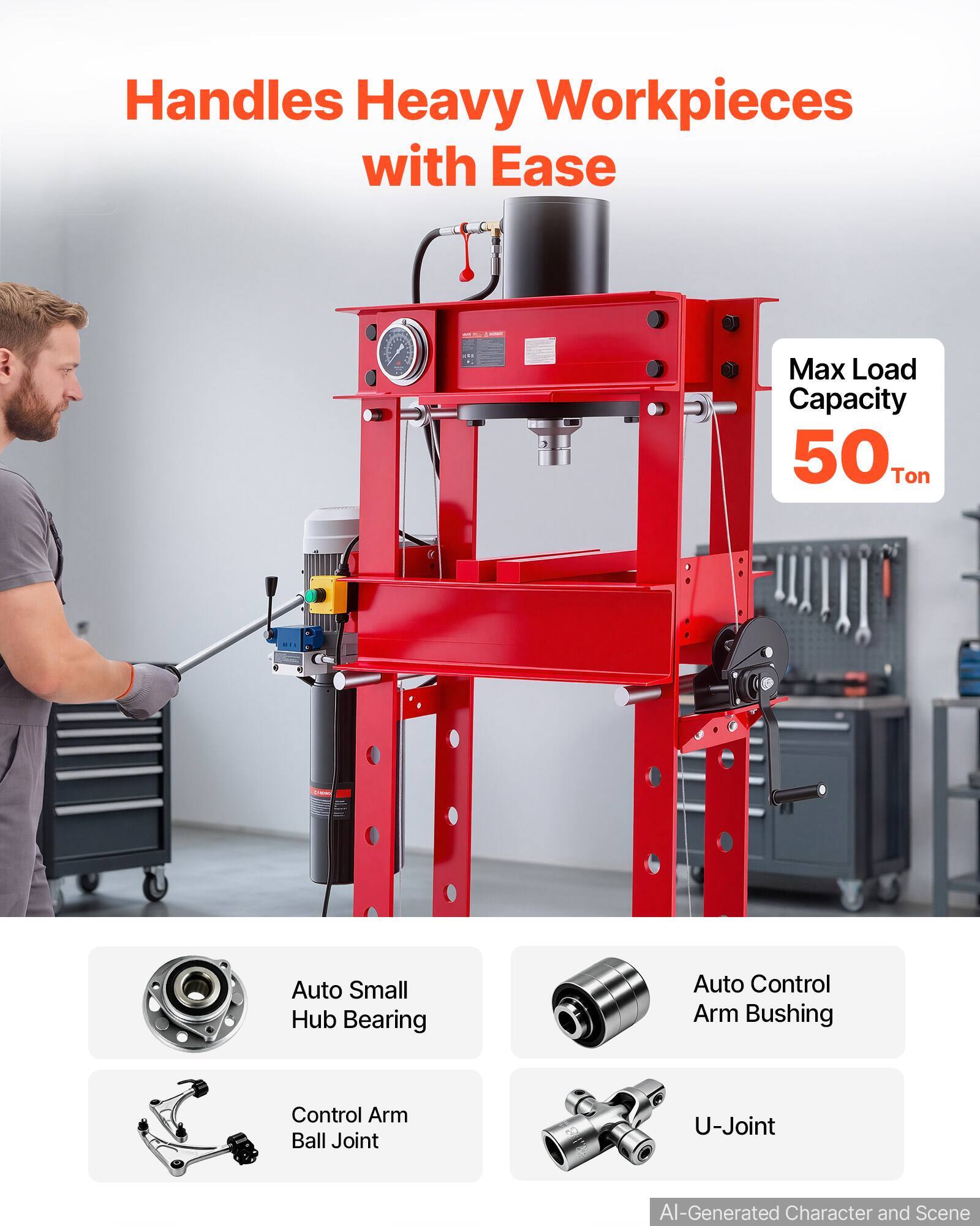 Handles Heavy Workpieces with Ease

Max Load Capacity 50 Ton

Auto Small Hub Bearing

Auto Control Arm Bushing

Control Arm Ball Joint

U-Joint

AI-Generated Character and Scene
