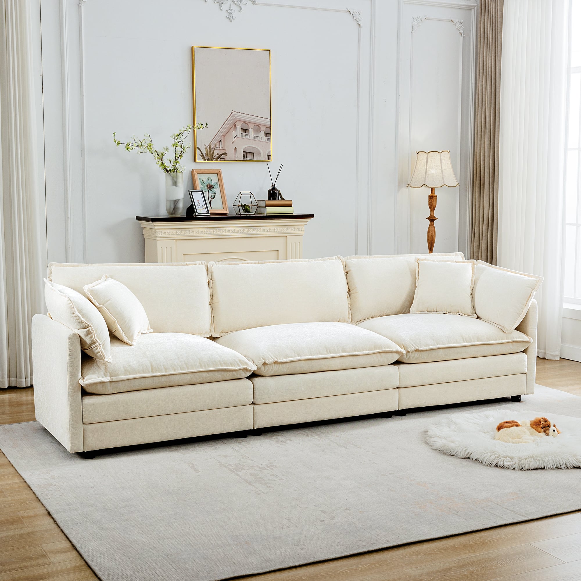 KERDOM - Furniture 3 Seat Sofa for Living Room, Convertible Chenille Sectional Sofa Couch for Apartment Studio, Free Pillows - Beige